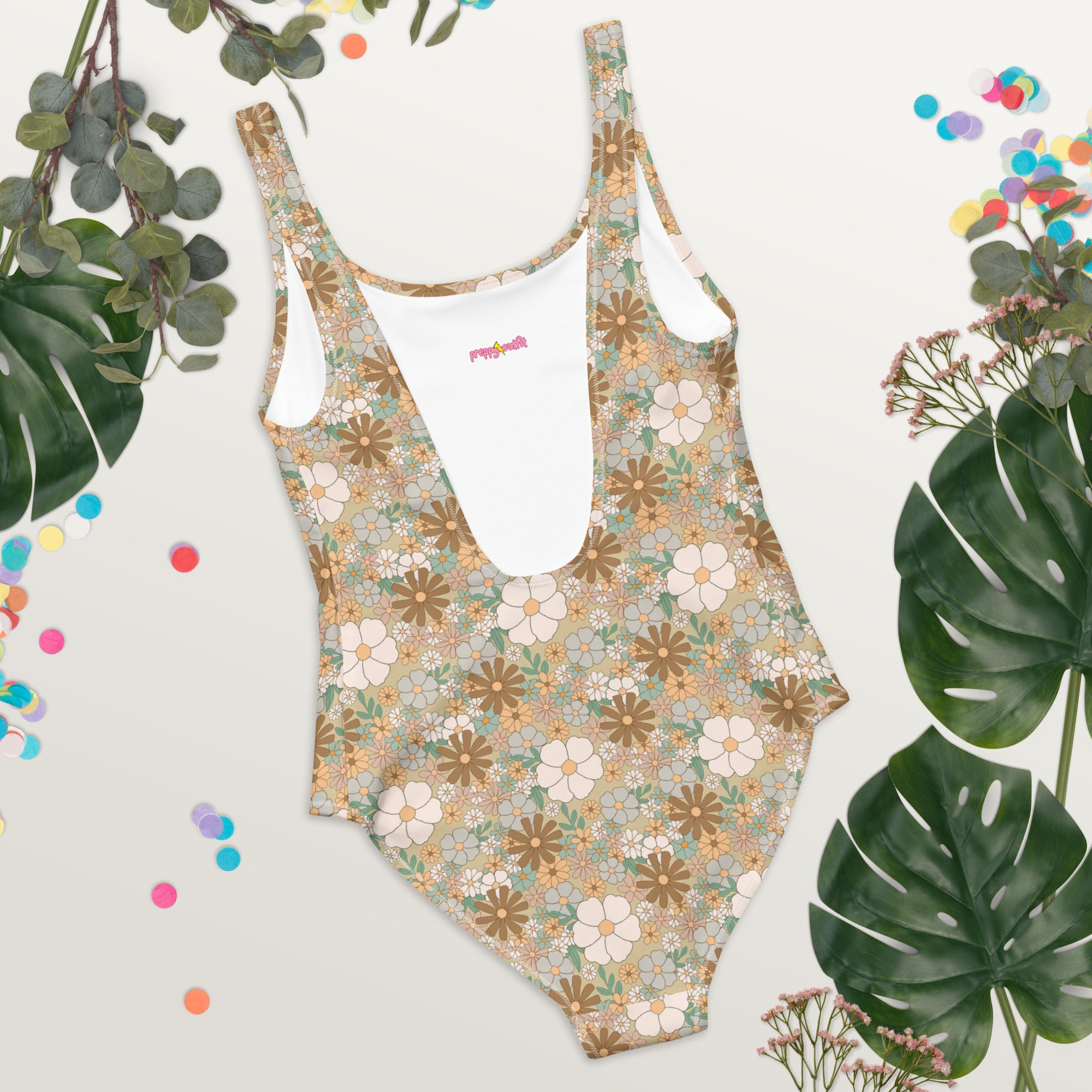Aesthetic Groovy Brown Fall Floral One-Piece Swimsuit