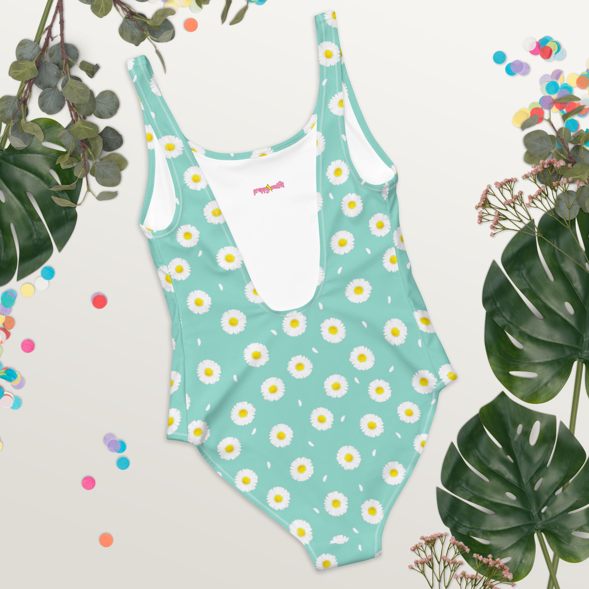 White Daisy Flower Pattern Pastel Blue One-Piece Swimsuit
