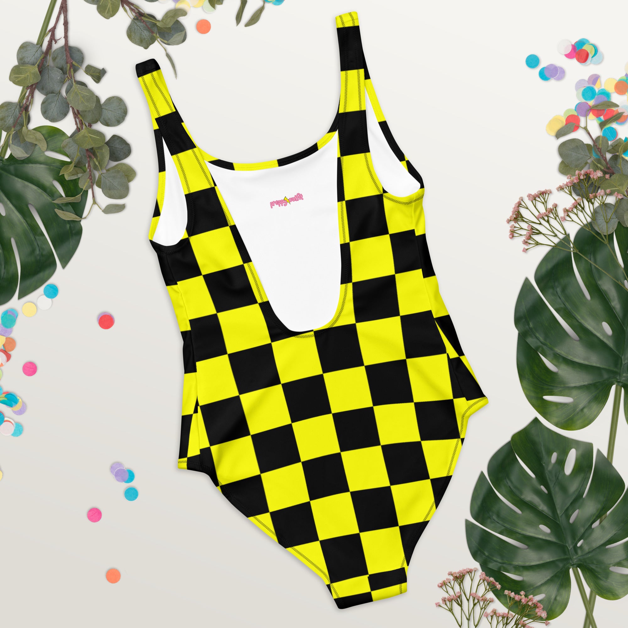 Preppy Yellow and Black Aesthetic Checkered One-Piece Swimsuit