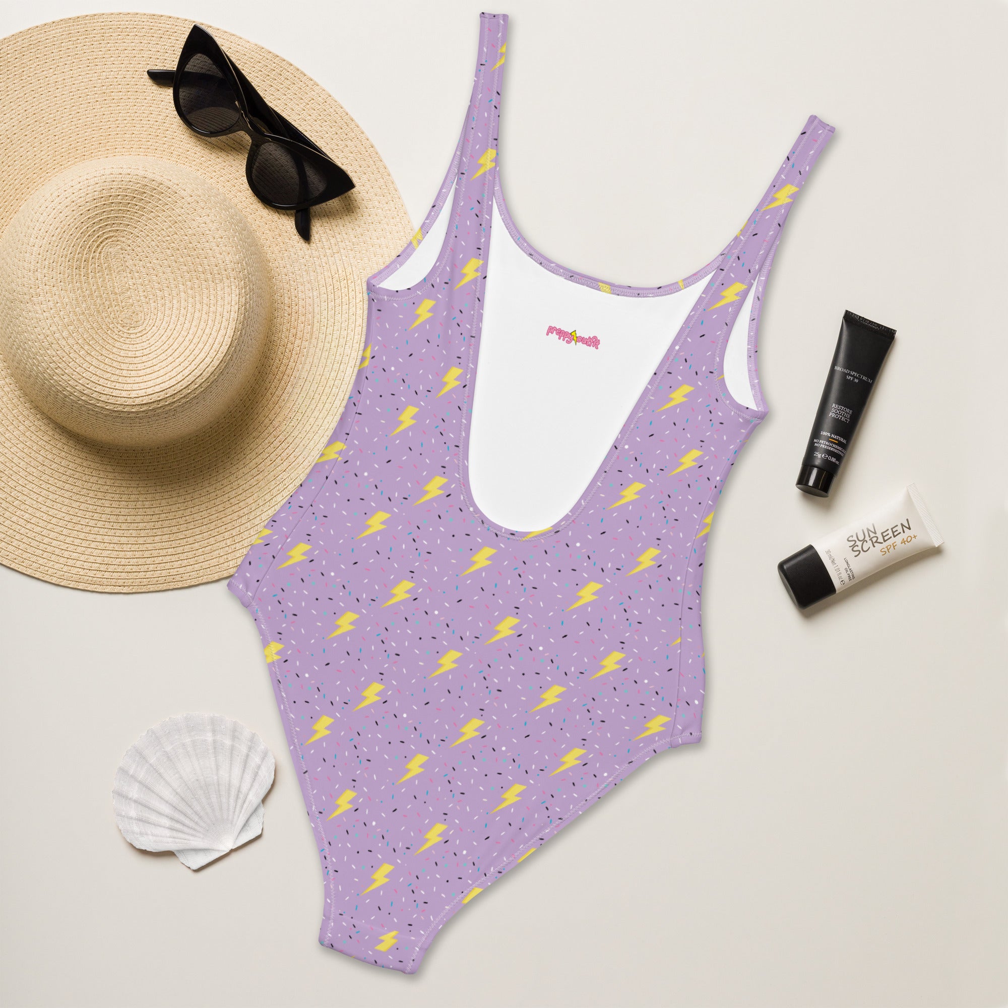 Preppy Lightning Bolts Purple One-Piece Swimsuit