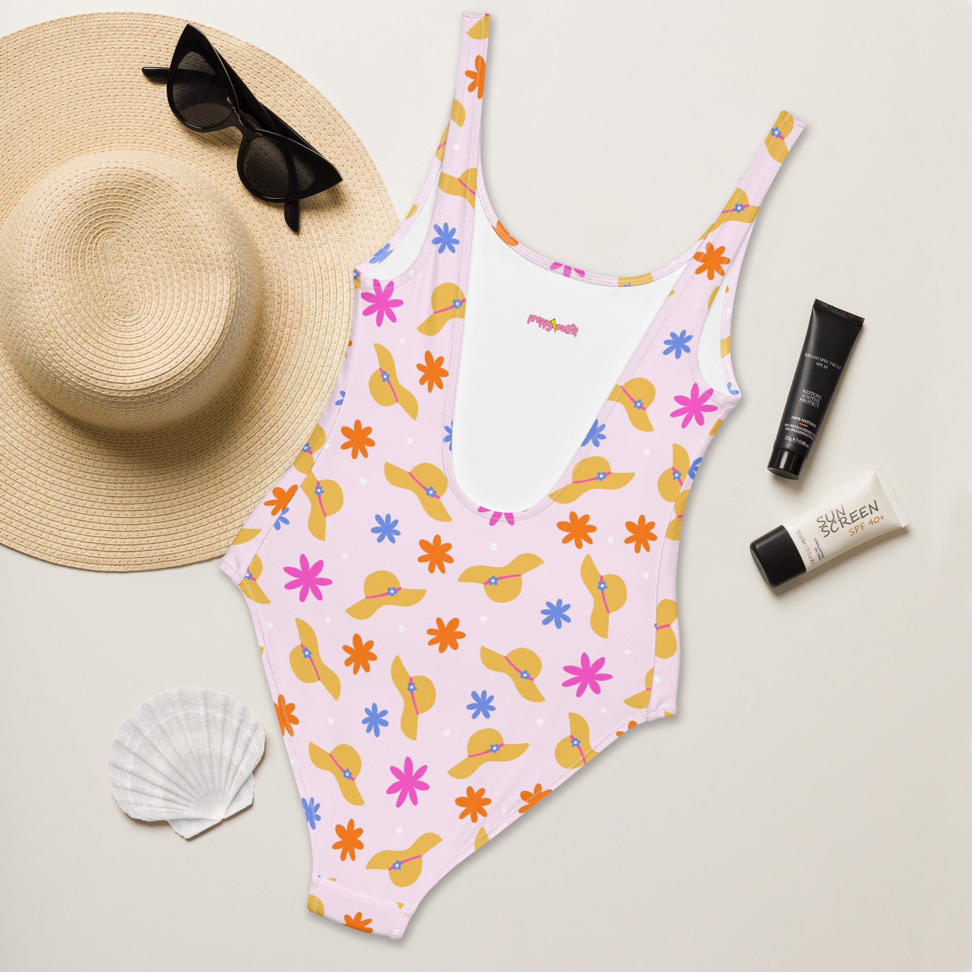 Preppy Beach Vacation Theme Pink One-Piece Swimsuit