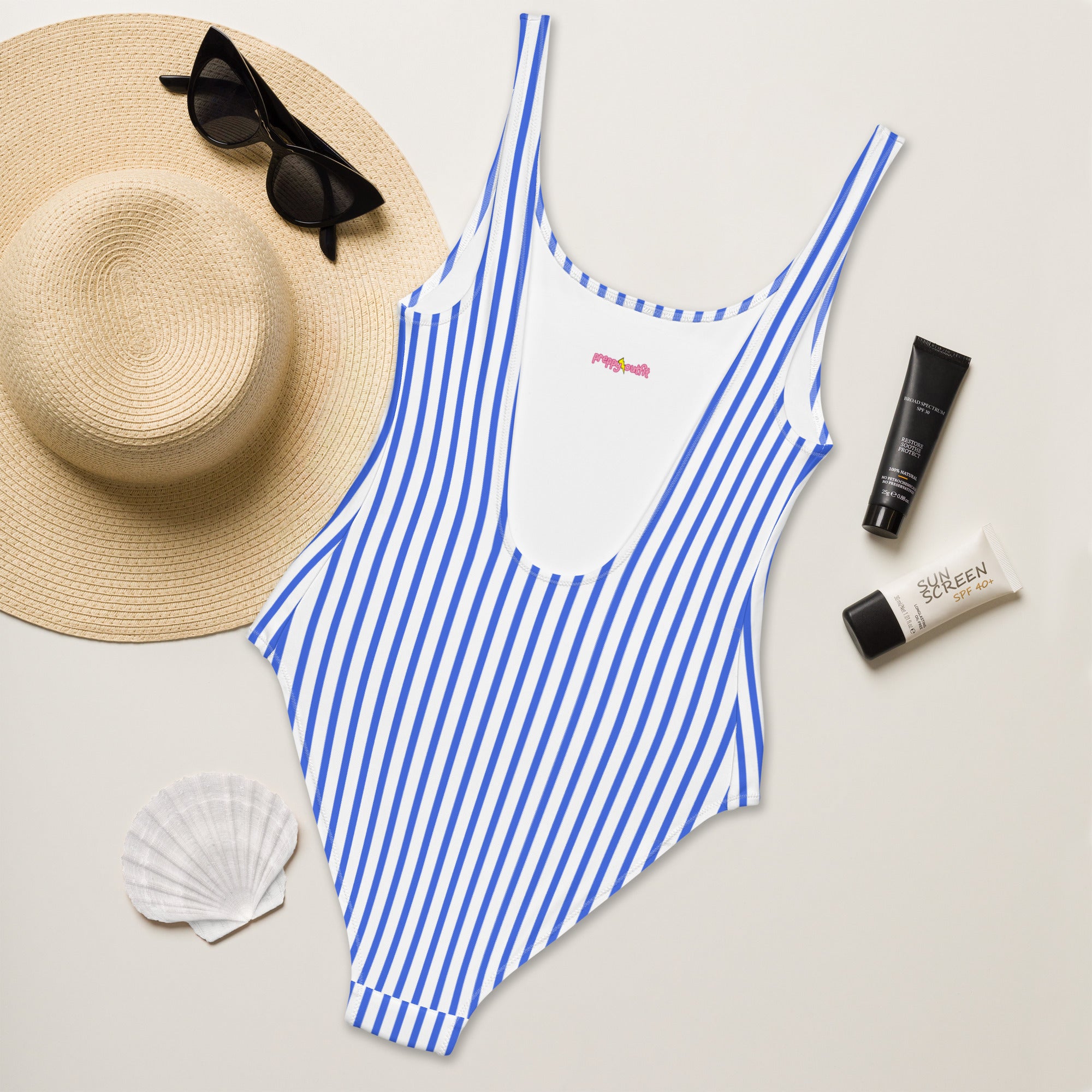 Preppy Nautical Striped Blue & White Horizontal Streaks Lines One-Piece Swimsuit