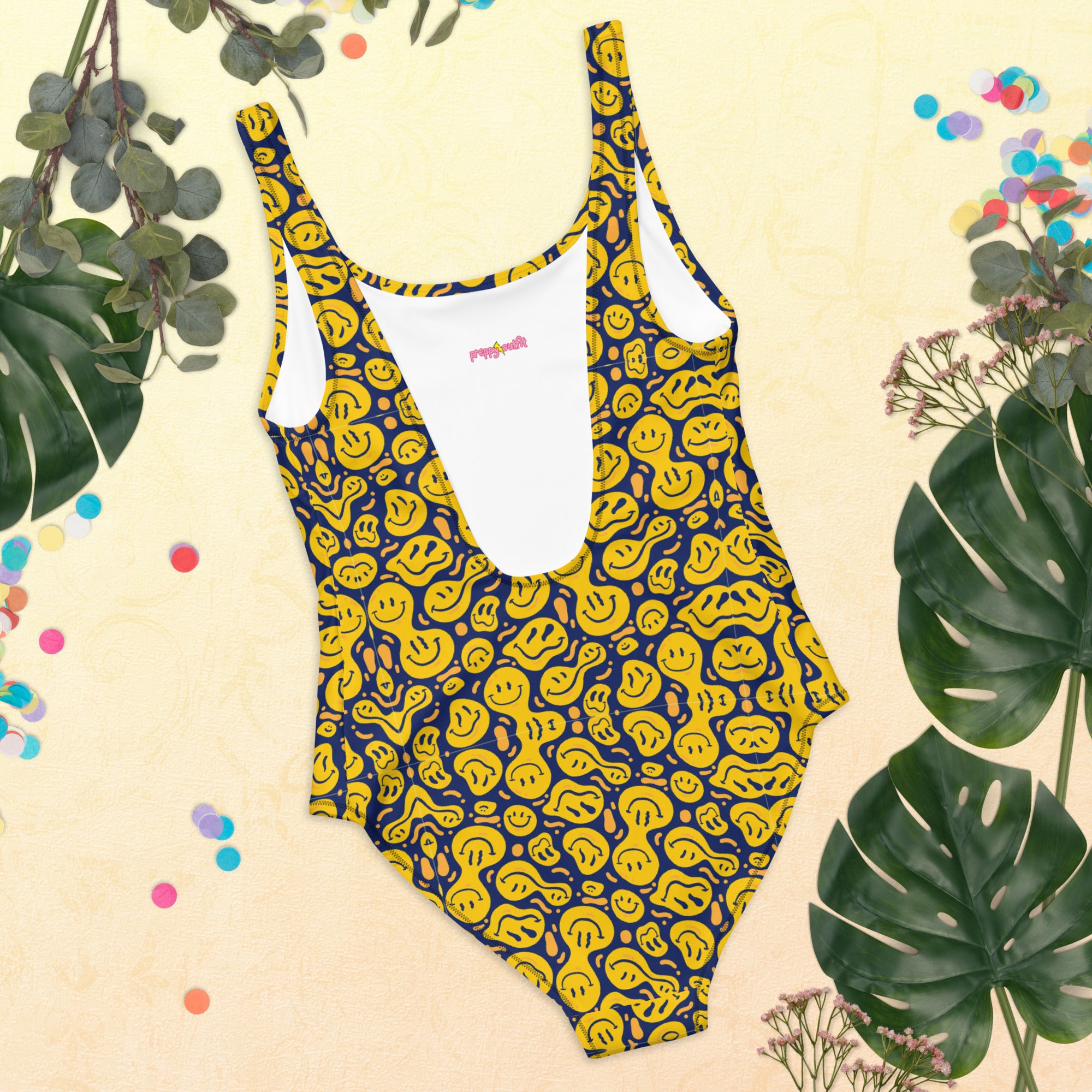 Original Preppy Yellow Drippy Smiley Face One-Piece Swimsuit