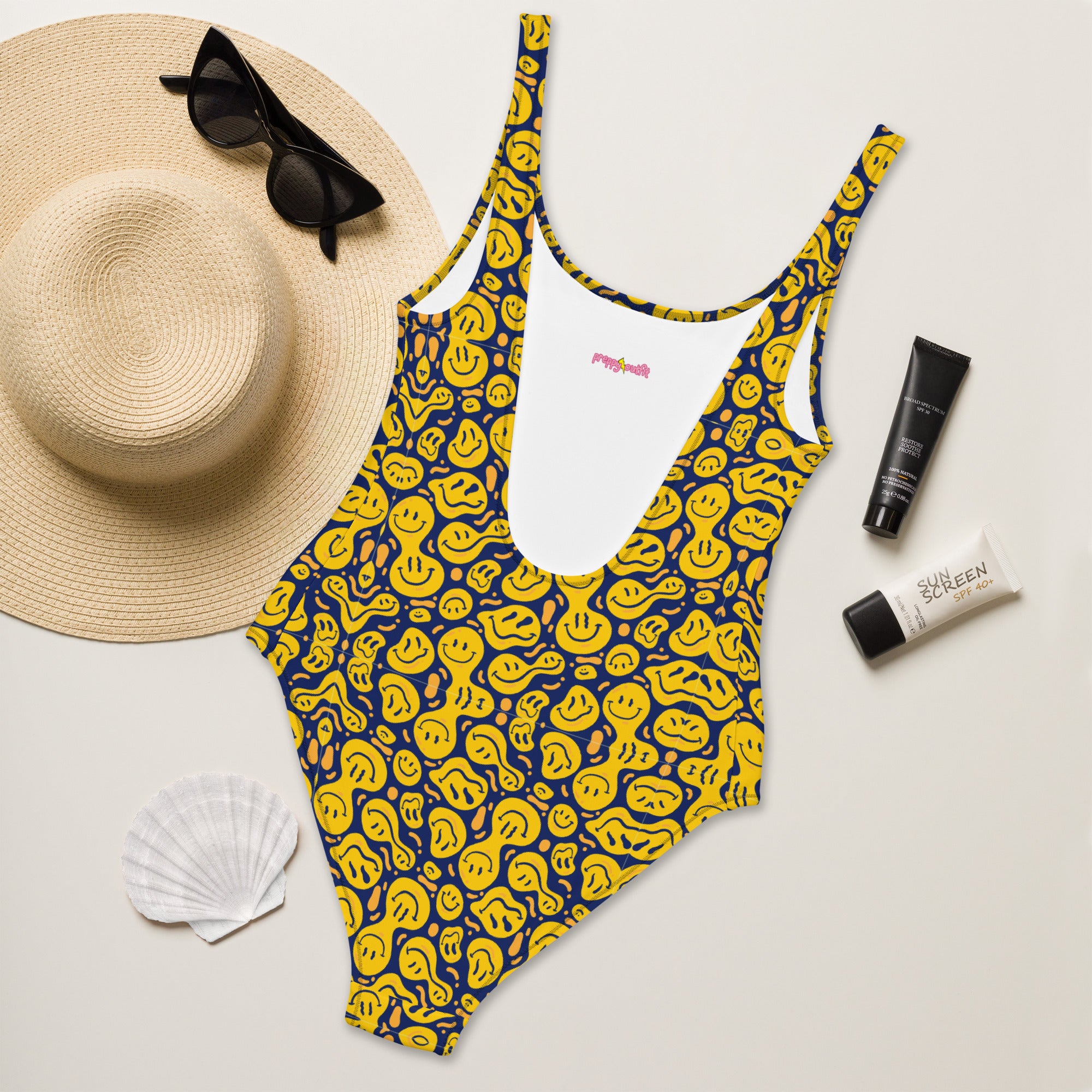 Original Preppy Yellow Drippy Smiley Face One-Piece Swimsuit