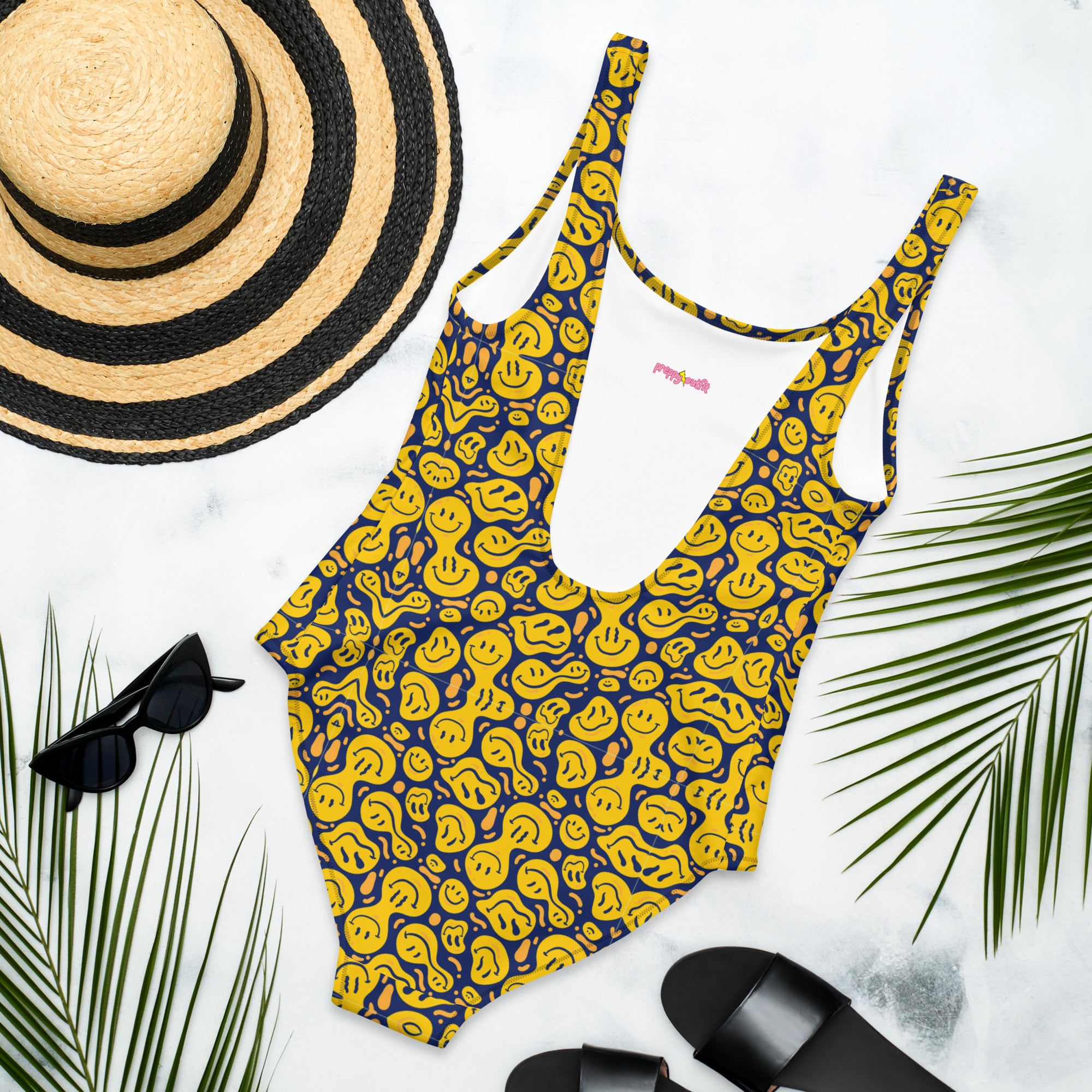 Original Preppy Yellow Drippy Smiley Face One-Piece Swimsuit