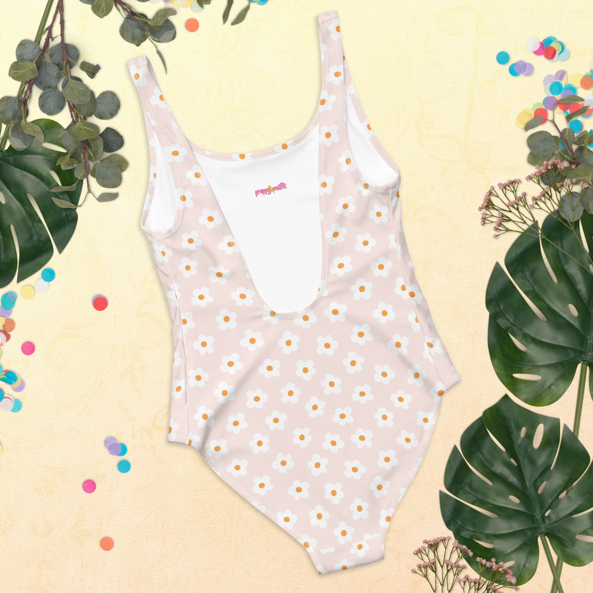 Preppy Pink Minimal Daisy Floral One-Piece Swimsuit