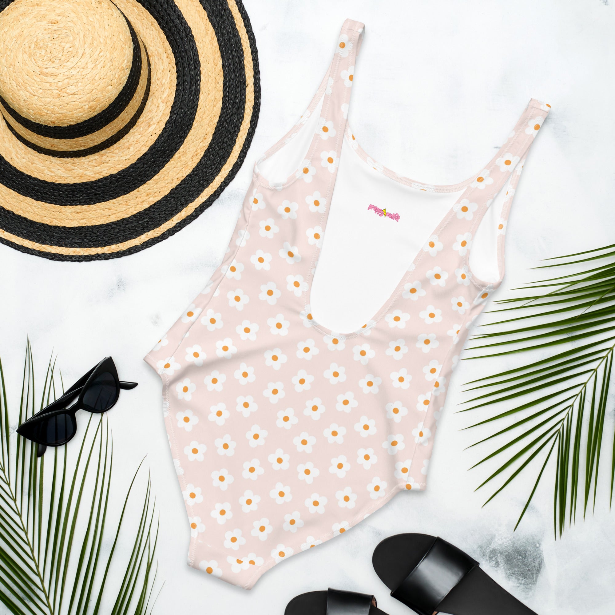 Preppy Pink Minimal Daisy Floral One-Piece Swimsuit
