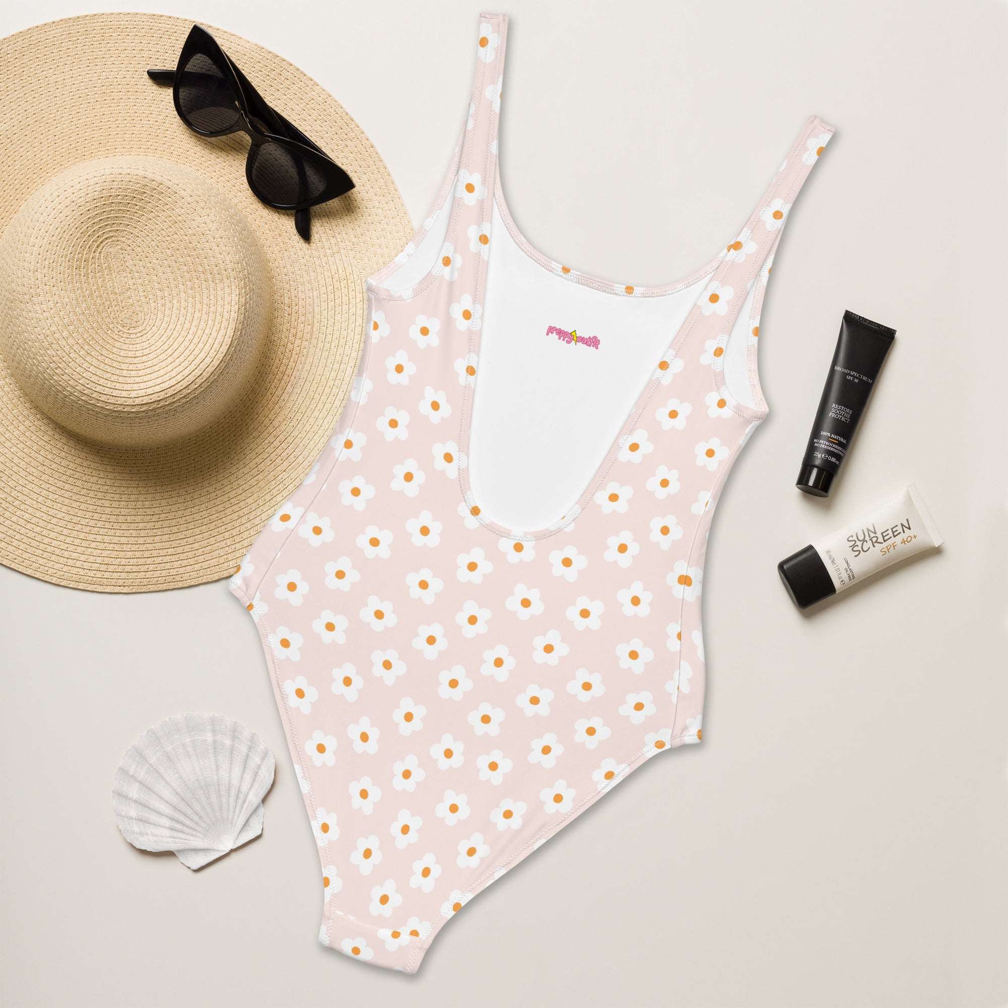 Preppy Pink Minimal Daisy Floral One-Piece Swimsuit