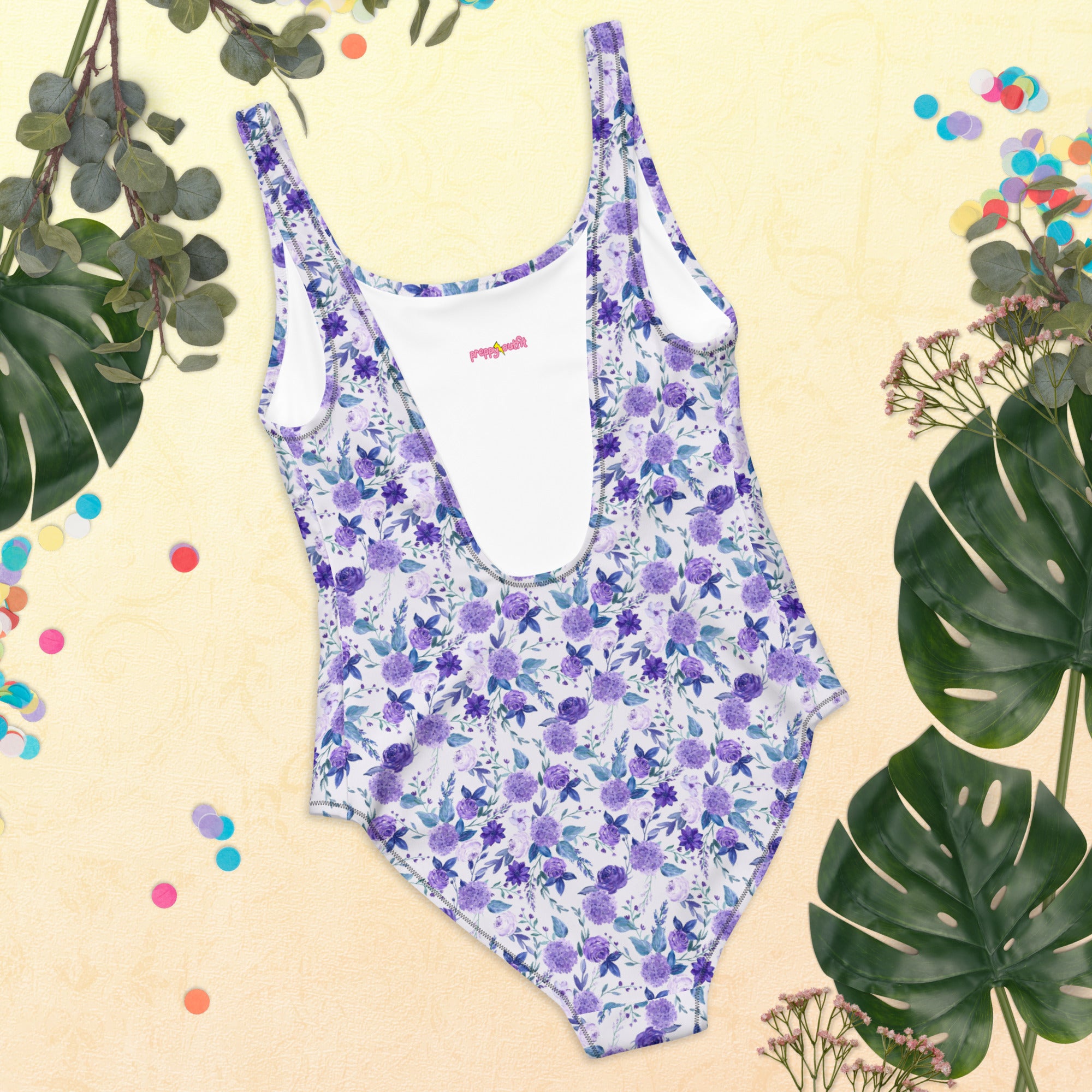 Preppy Purple Floral White One-Piece Swimsuit