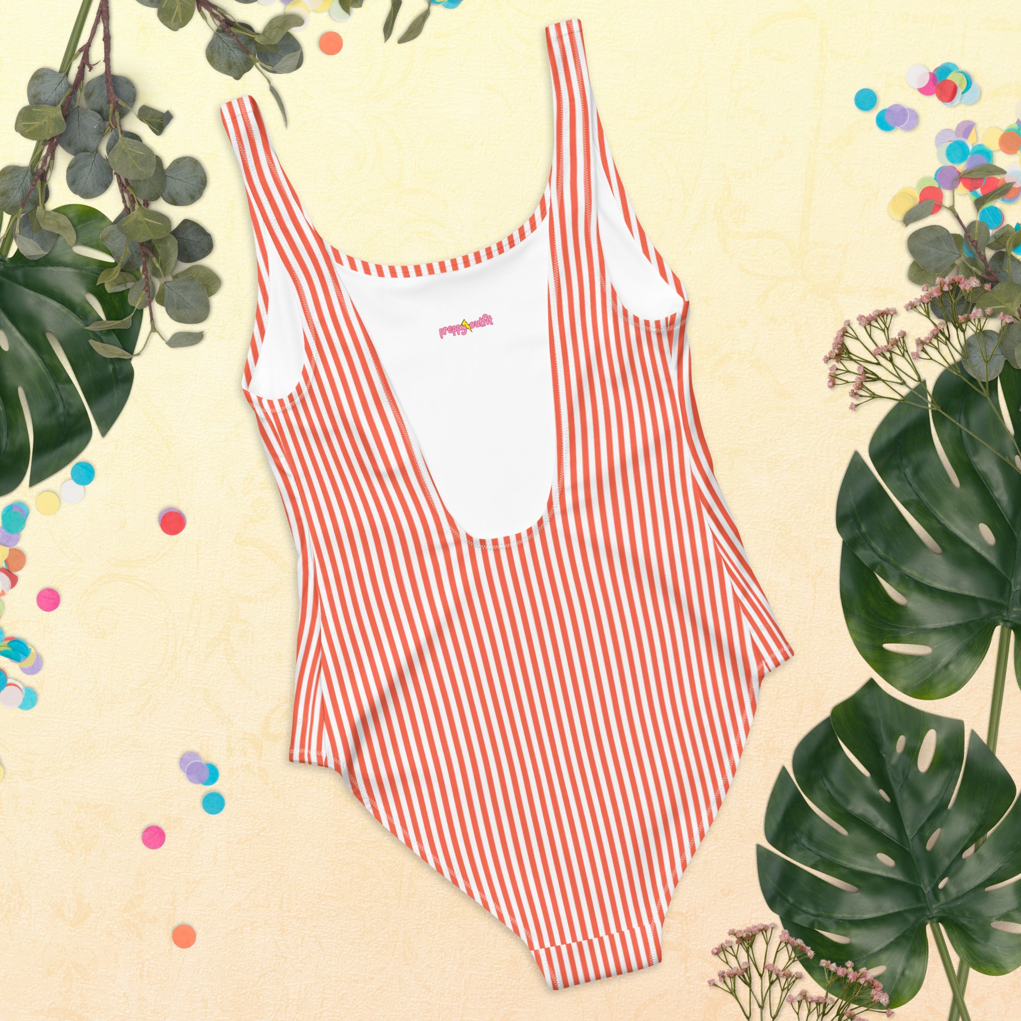 Preppy White and Orange Stripes One-Piece Swimsuit