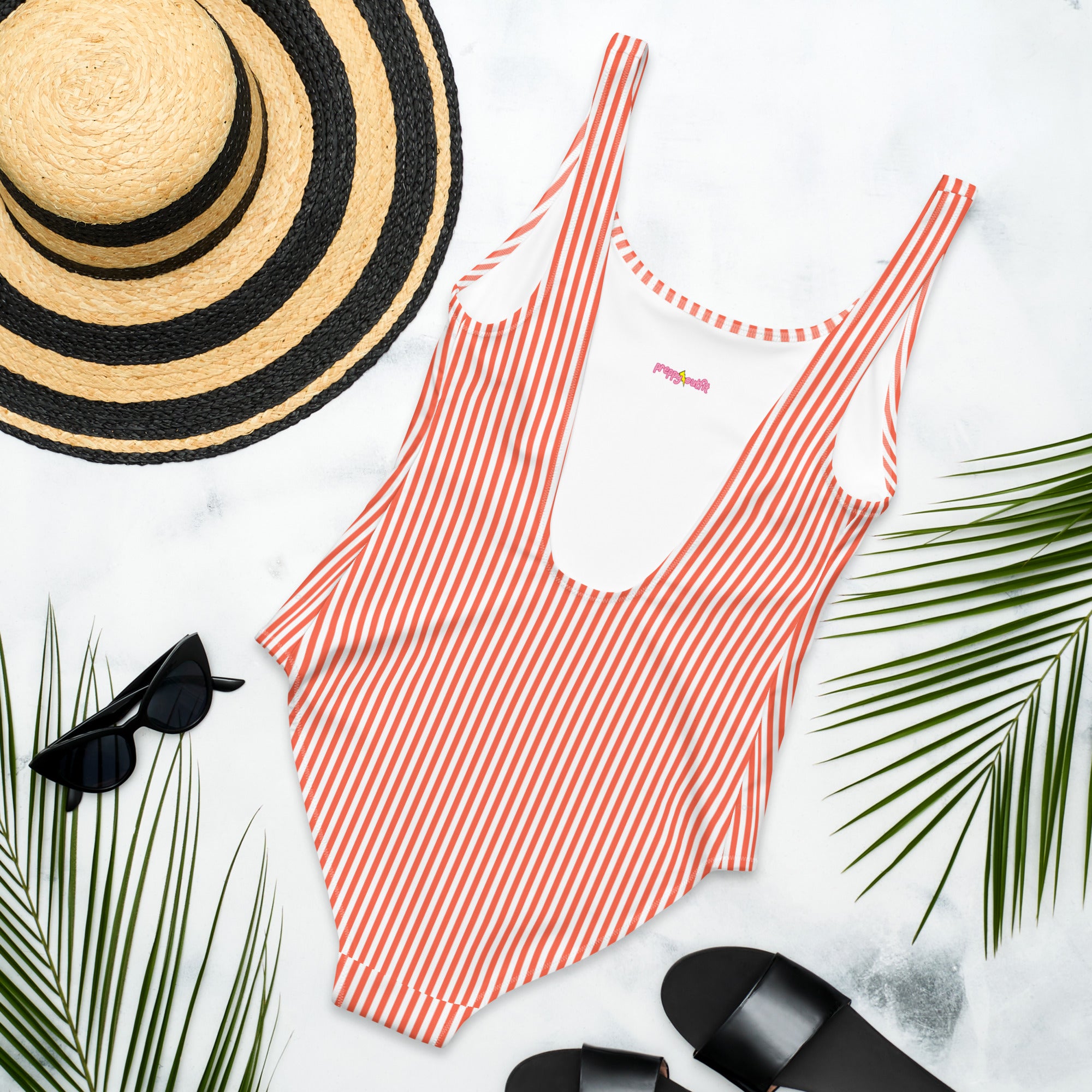 Preppy White and Orange Stripes One-Piece Swimsuit