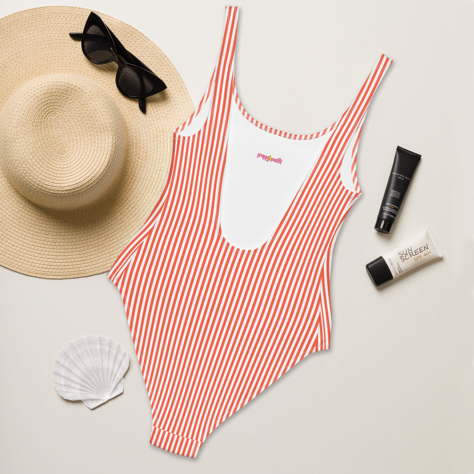 Preppy White and Orange Stripes One-Piece Swimsuit