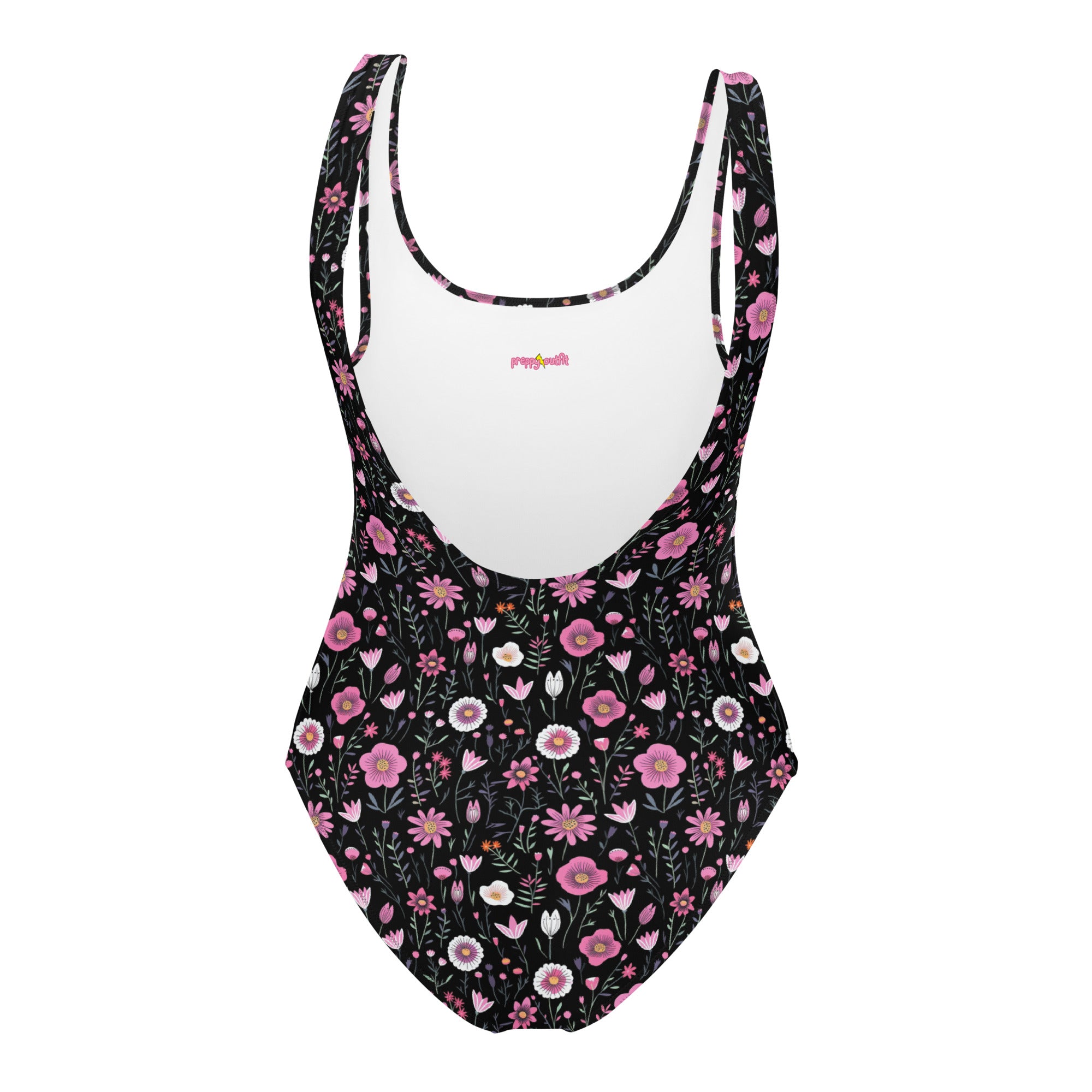 Black Floral One-Piece Swimsuit for Preppy Women