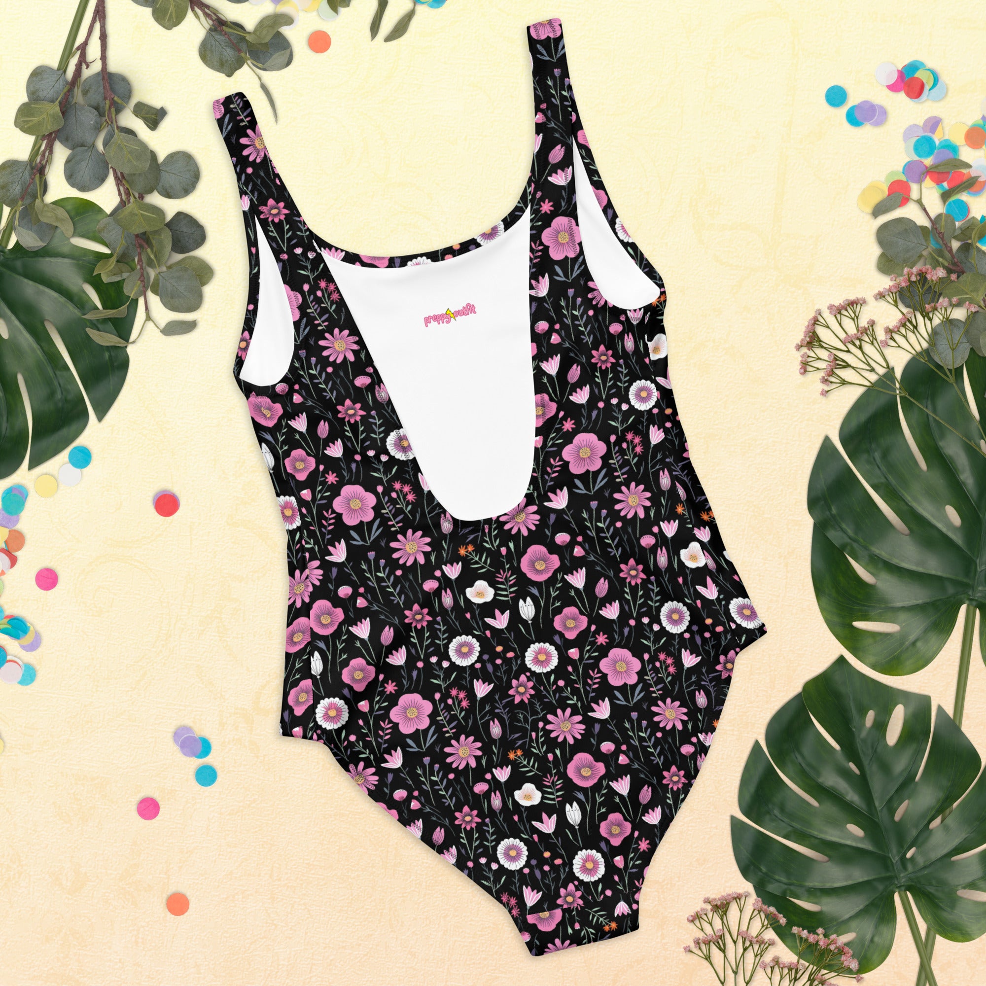 Black Floral One-Piece Swimsuit for Preppy Women
