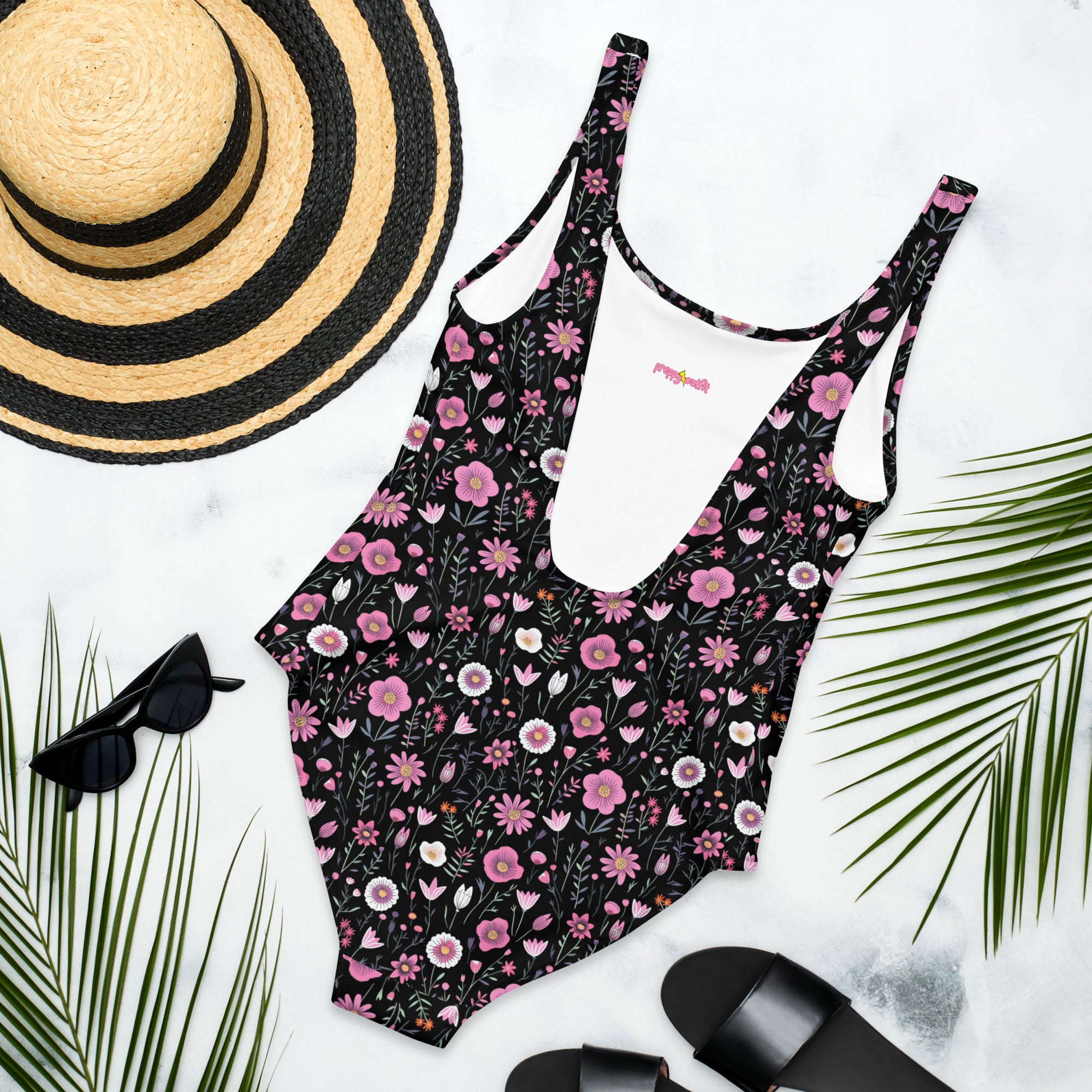 Black Floral One-Piece Swimsuit for Preppy Women