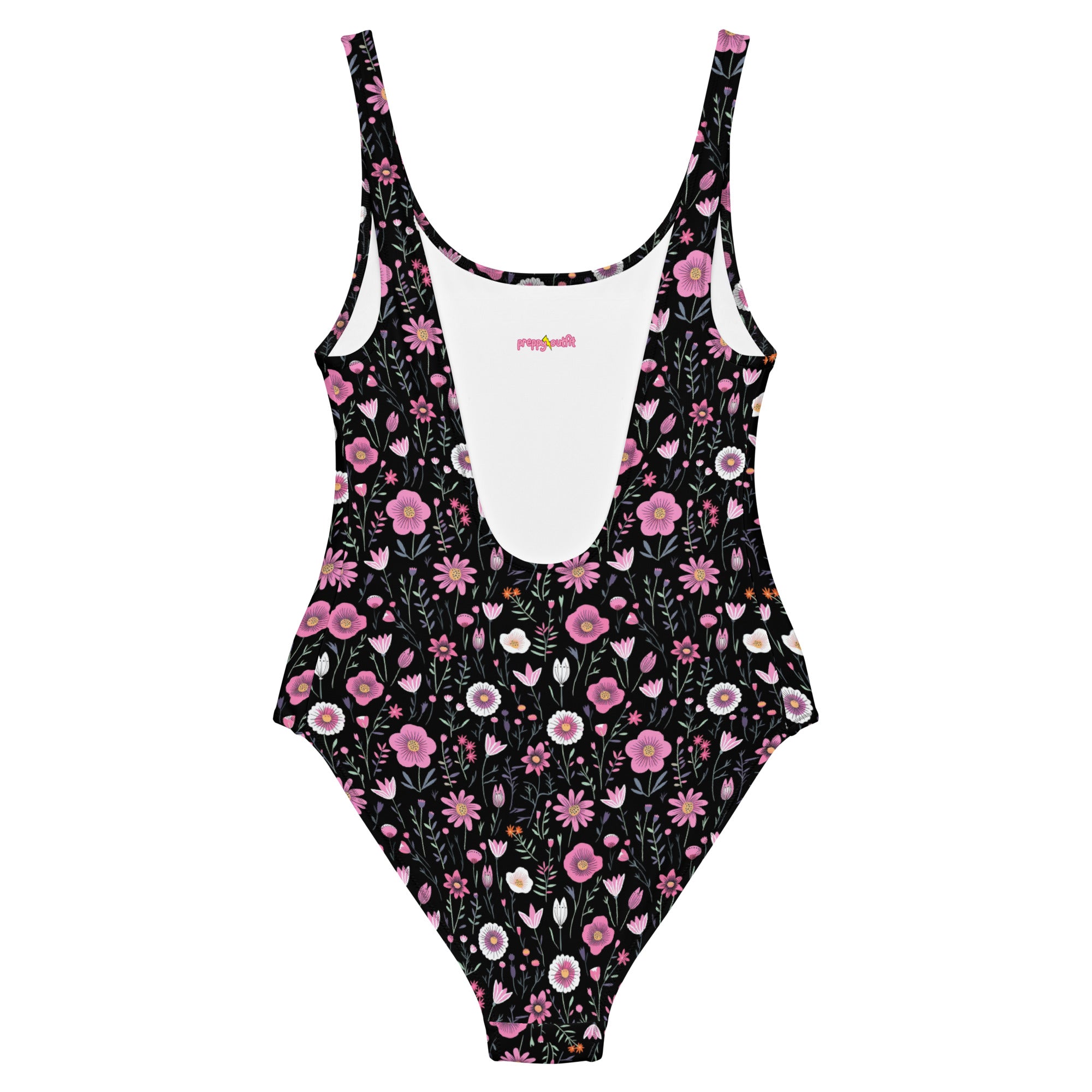 Black Floral One-Piece Swimsuit for Preppy Women