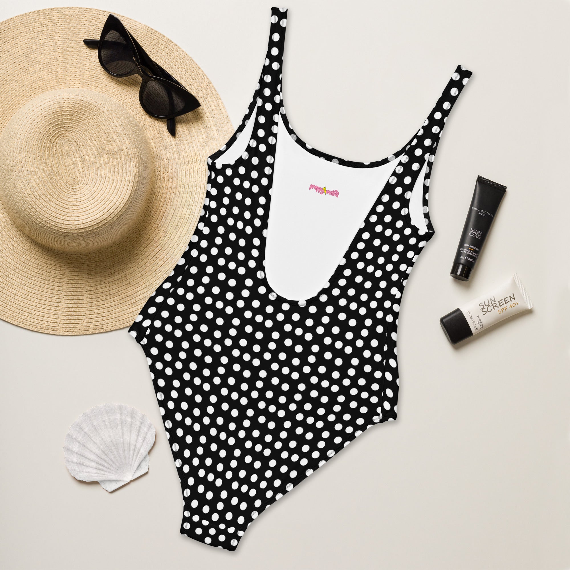 Vintage Preppy Style Black with White Polka Dot One-Piece Swimsuit