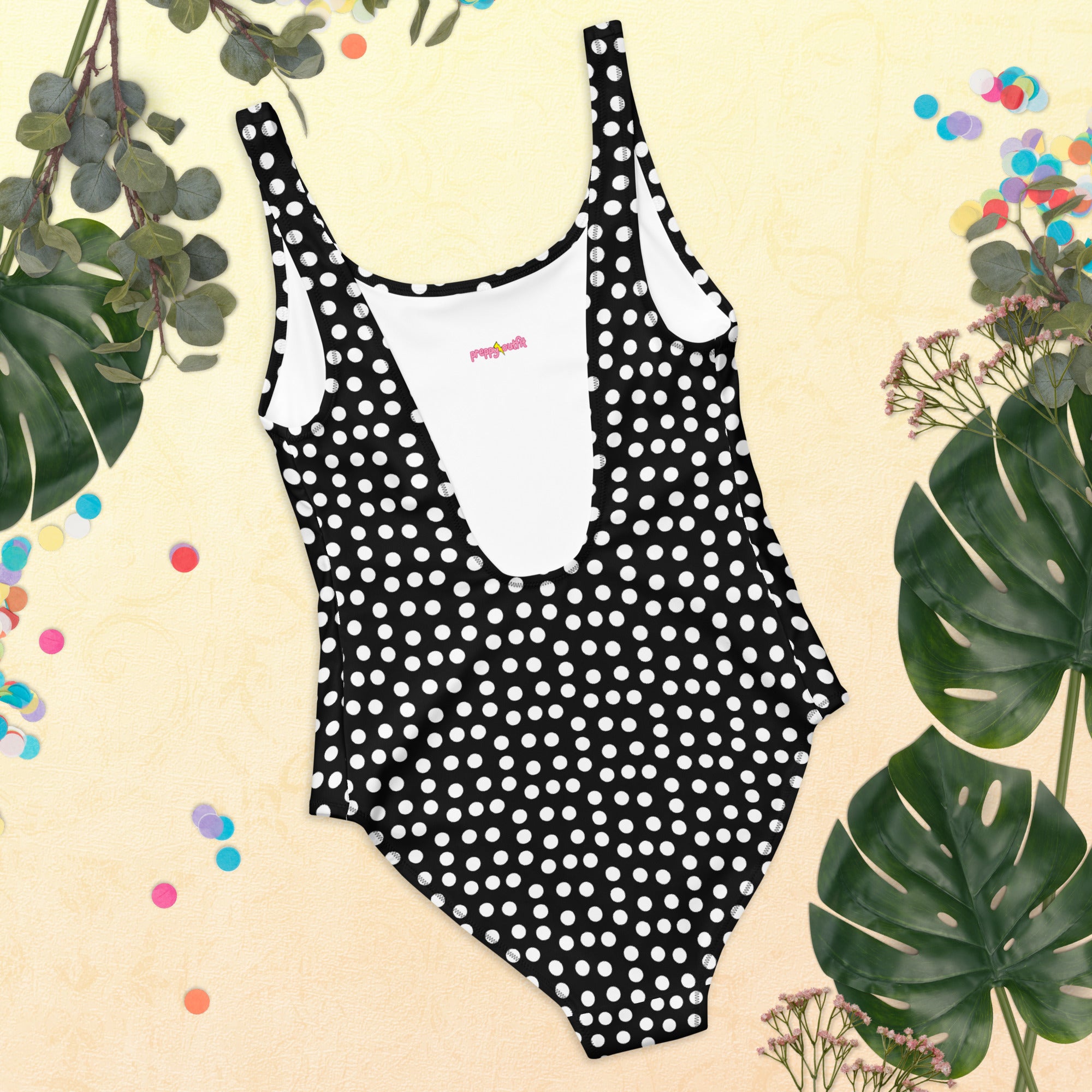 Vintage Preppy Style Black with White Polka Dot One-Piece Swimsuit