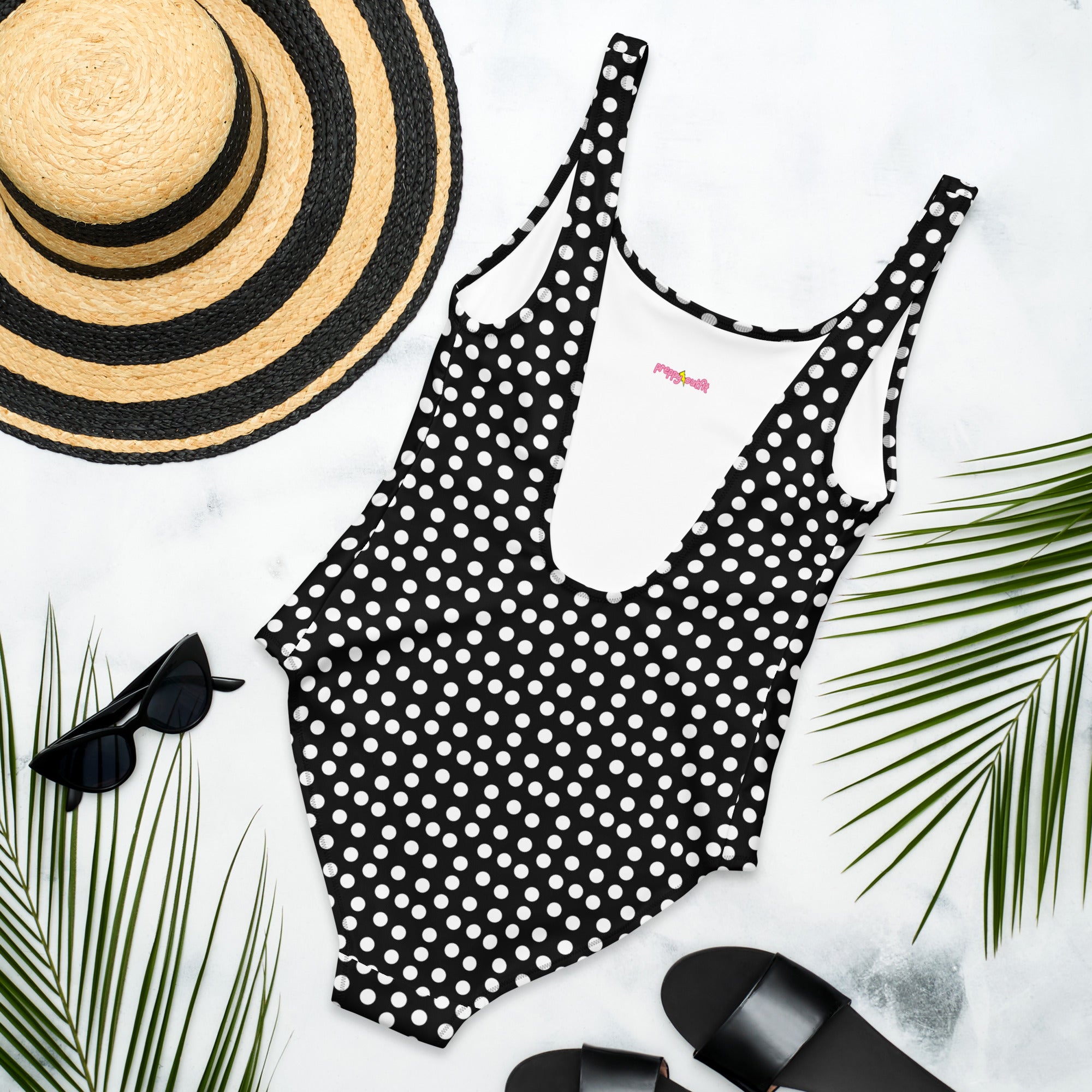Vintage Preppy Style Black with White Polka Dot One-Piece Swimsuit