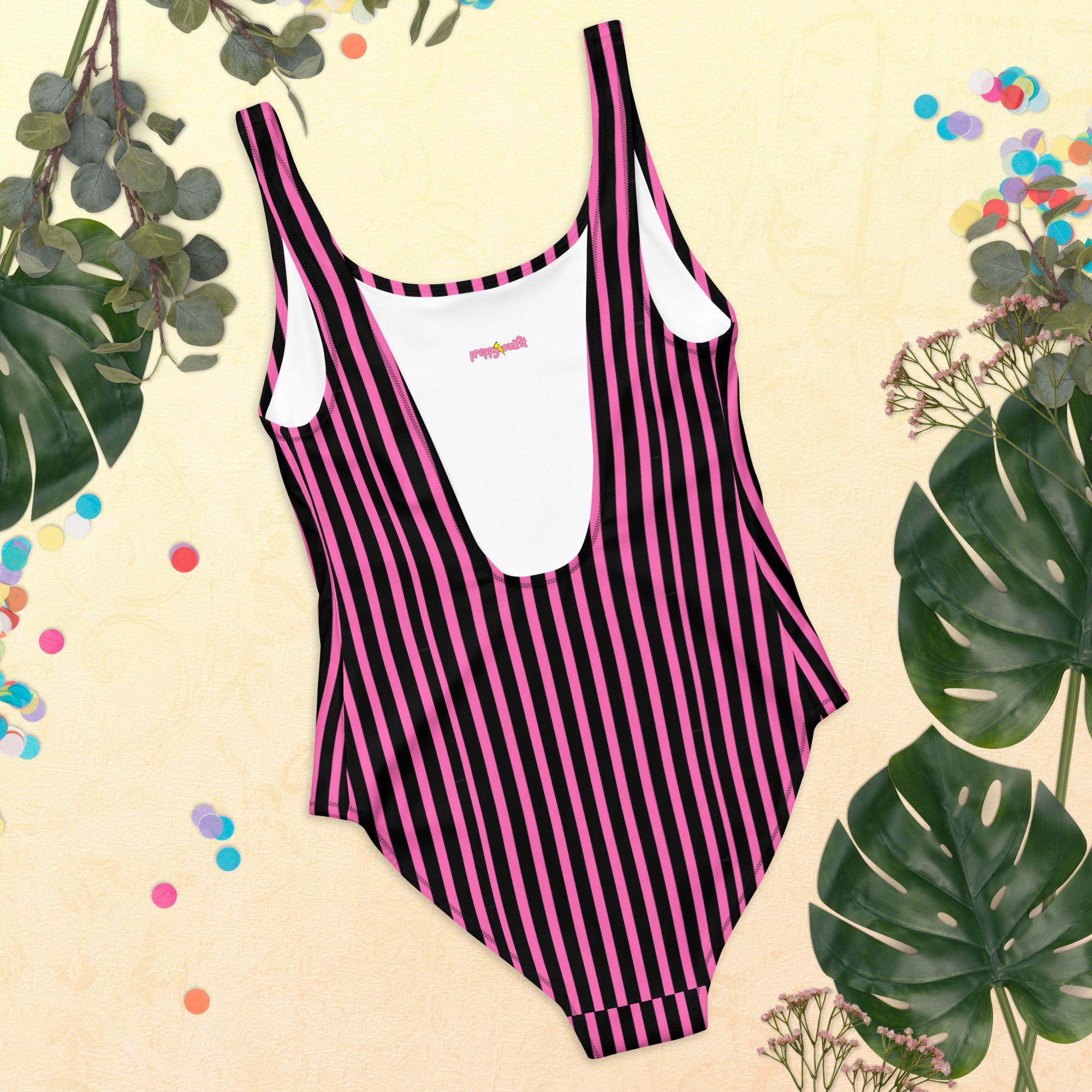 Preppy Pink & Black Vertical Striped Fashionable One-Piece Swimsuit