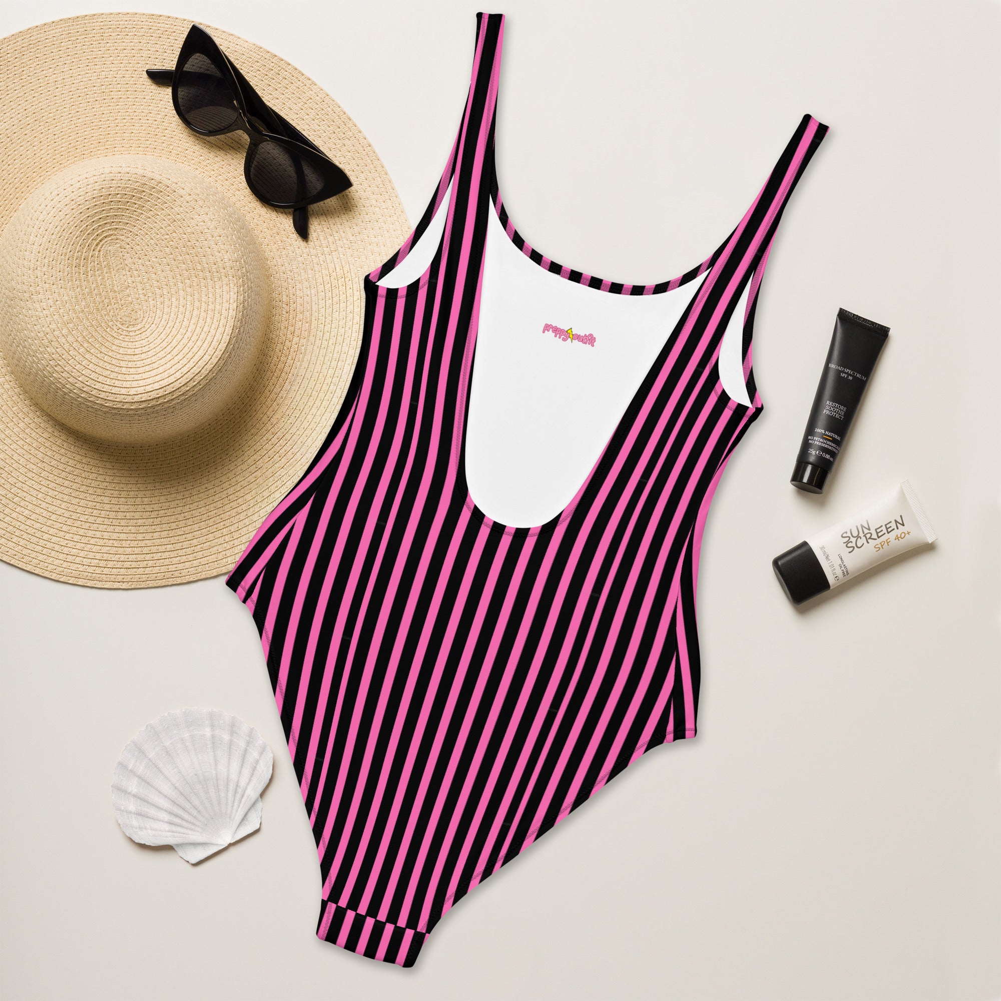 Preppy Pink & Black Vertical Striped Fashionable One-Piece Swimsuit