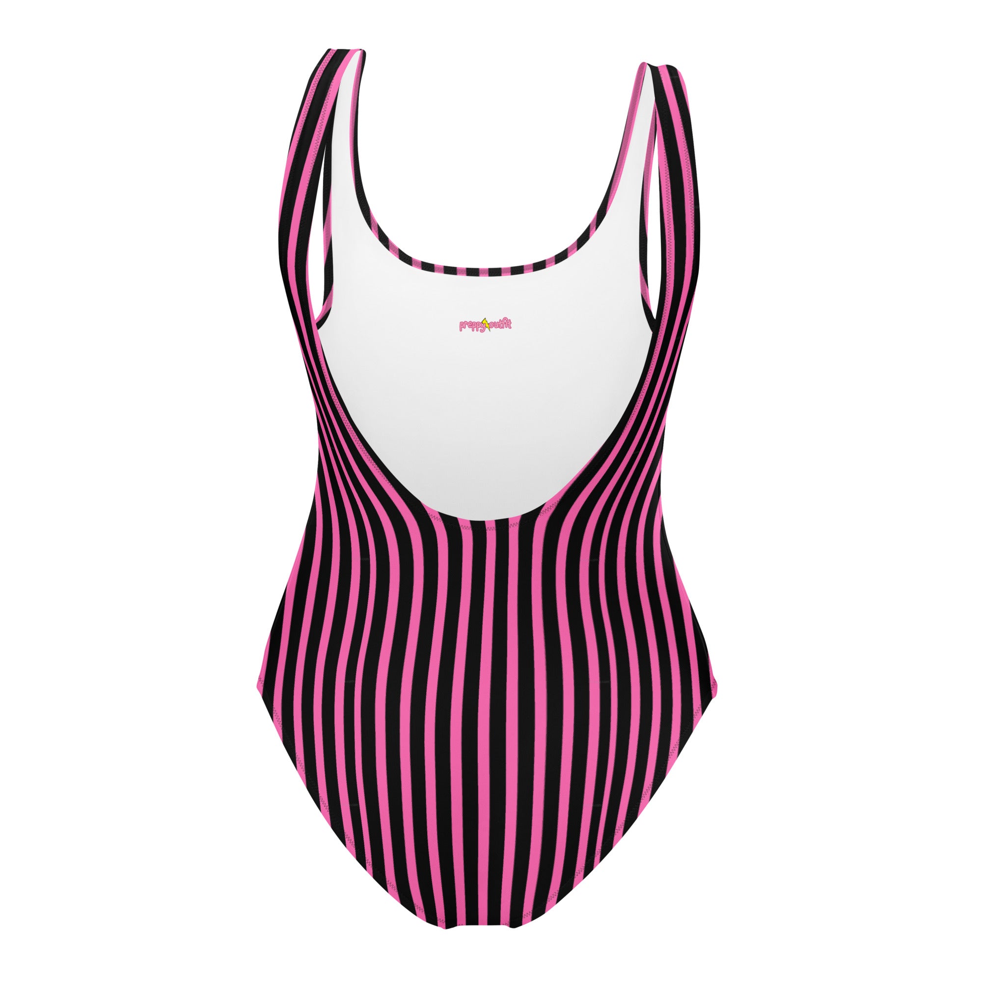 Preppy Pink & Black Vertical Striped Fashionable One-Piece Swimsuit