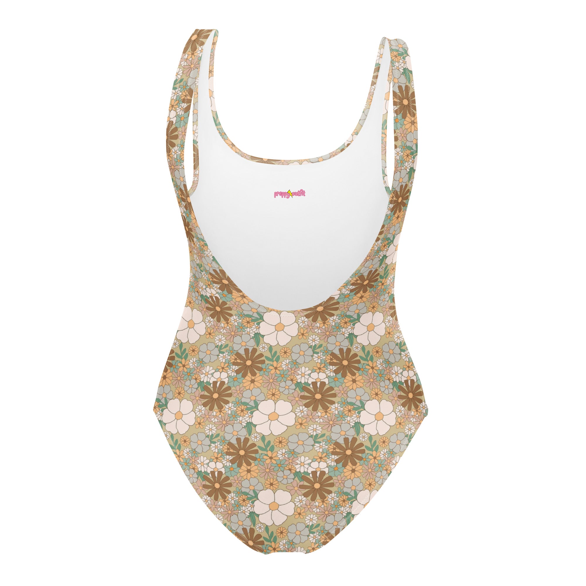 Aesthetic Groovy Brown Fall Floral One-Piece Swimsuit