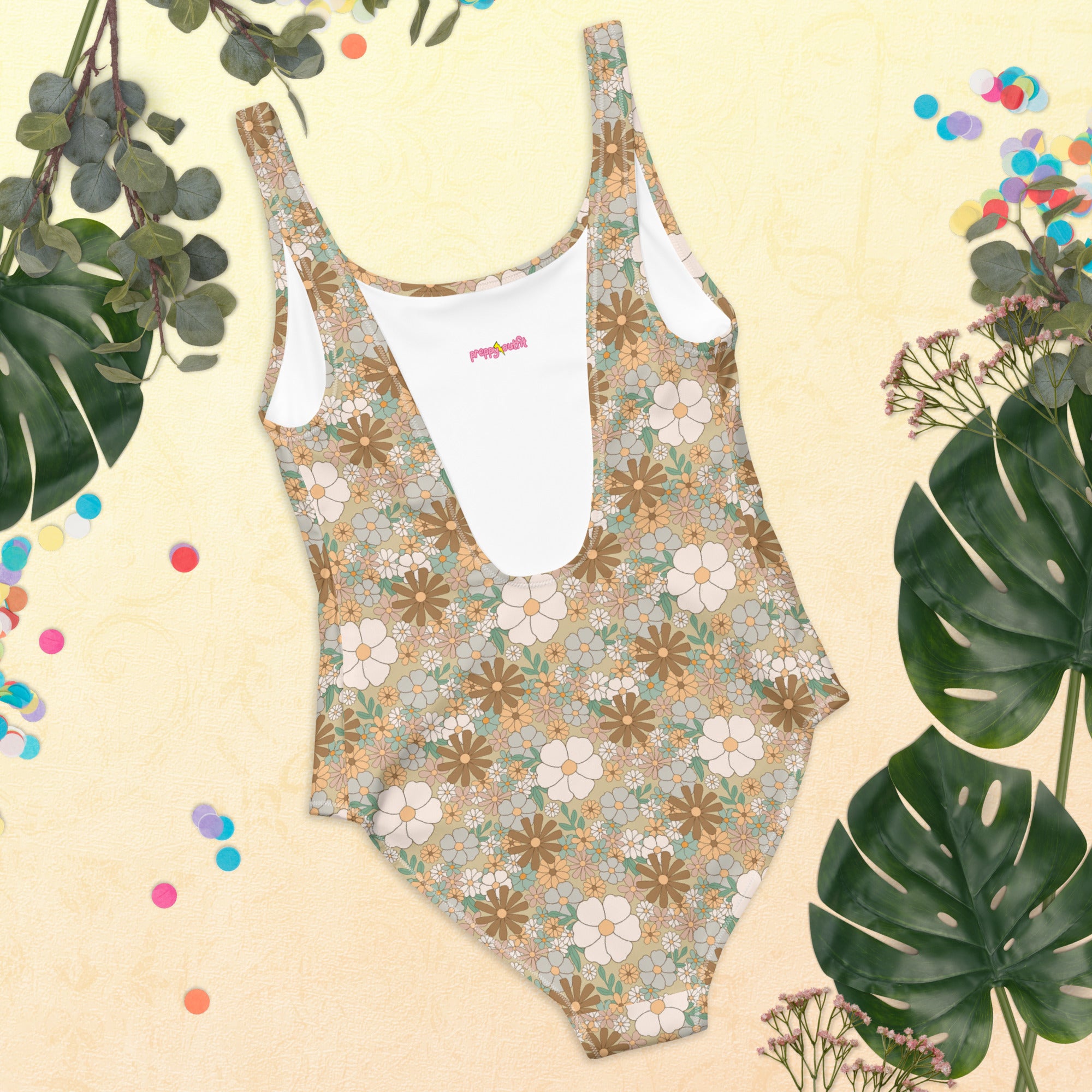 Aesthetic Groovy Brown Fall Floral One-Piece Swimsuit