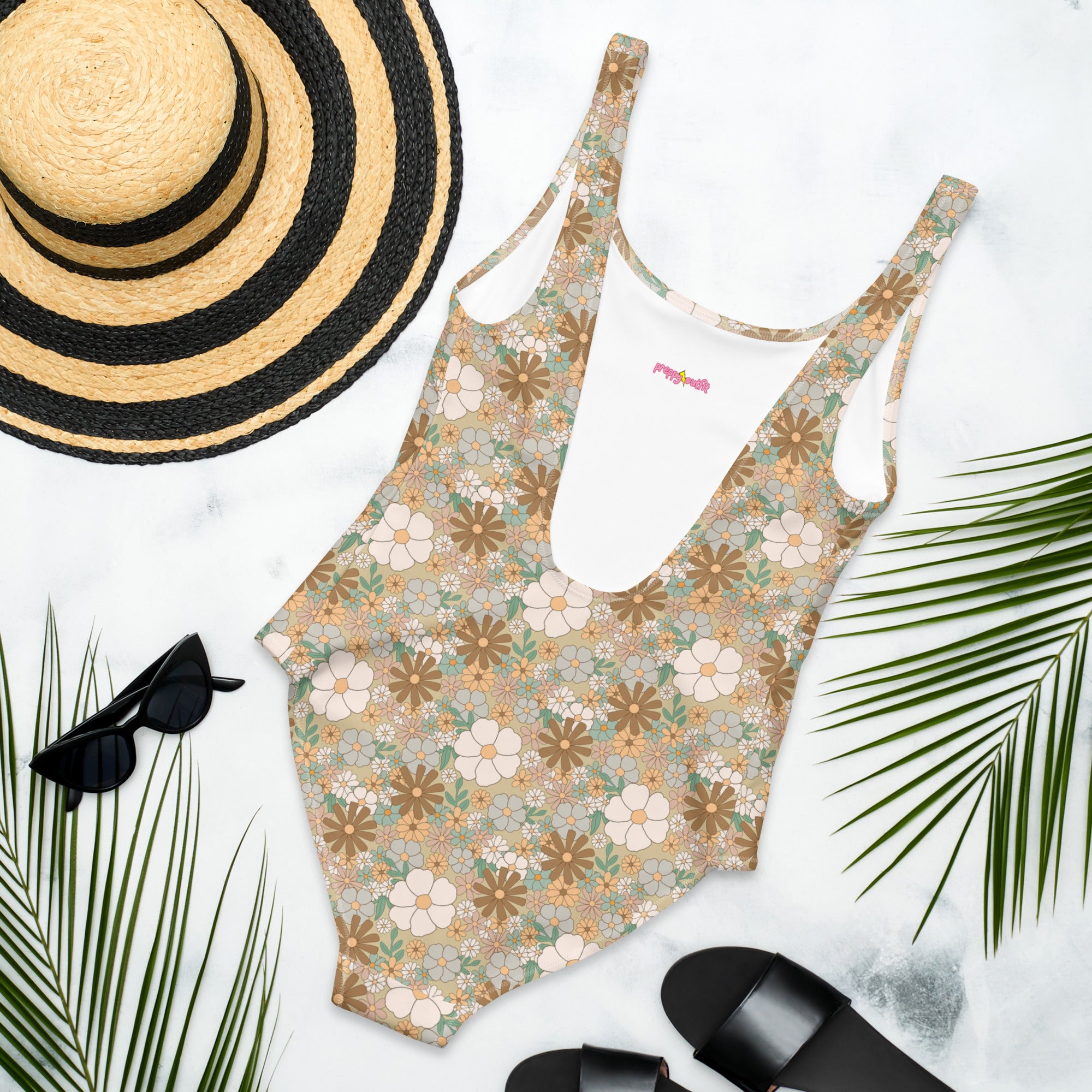 Aesthetic Groovy Brown Fall Floral One-Piece Swimsuit