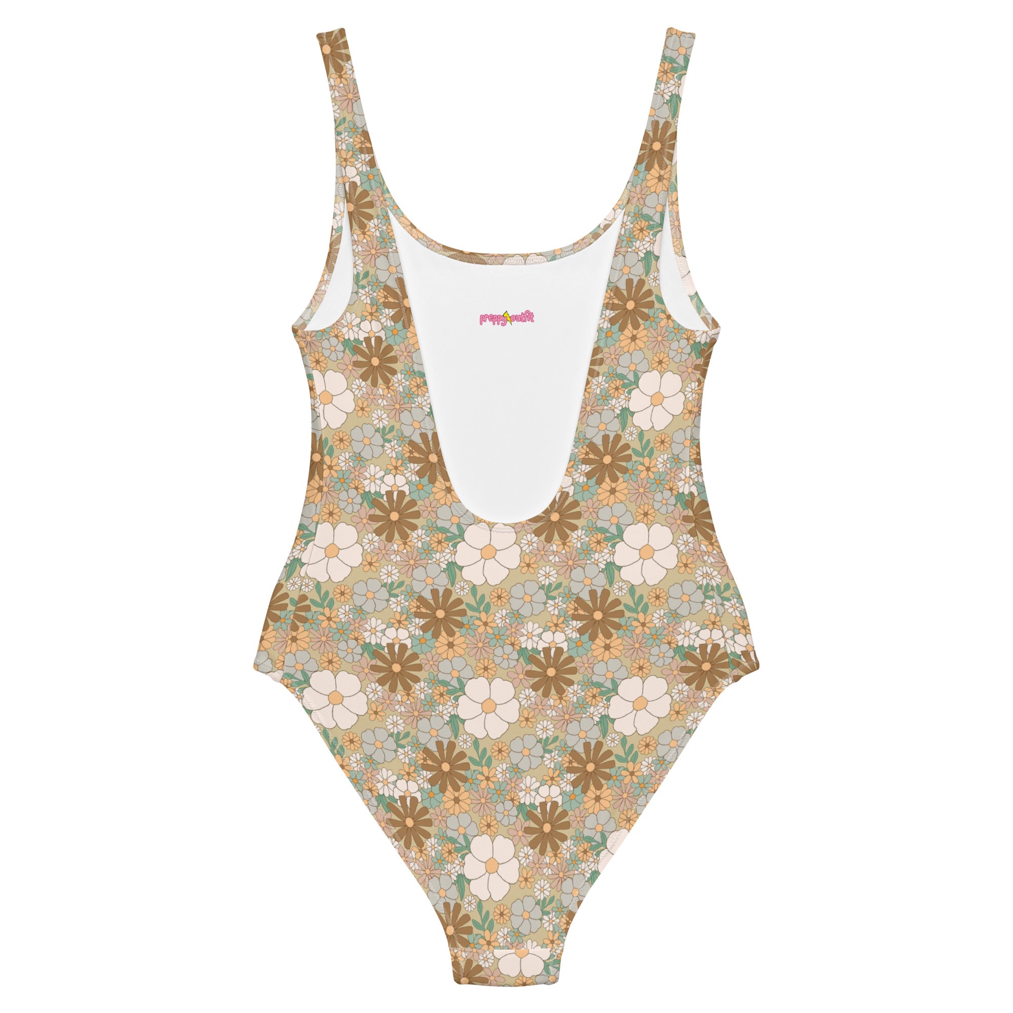 Aesthetic Groovy Brown Fall Floral One-Piece Swimsuit