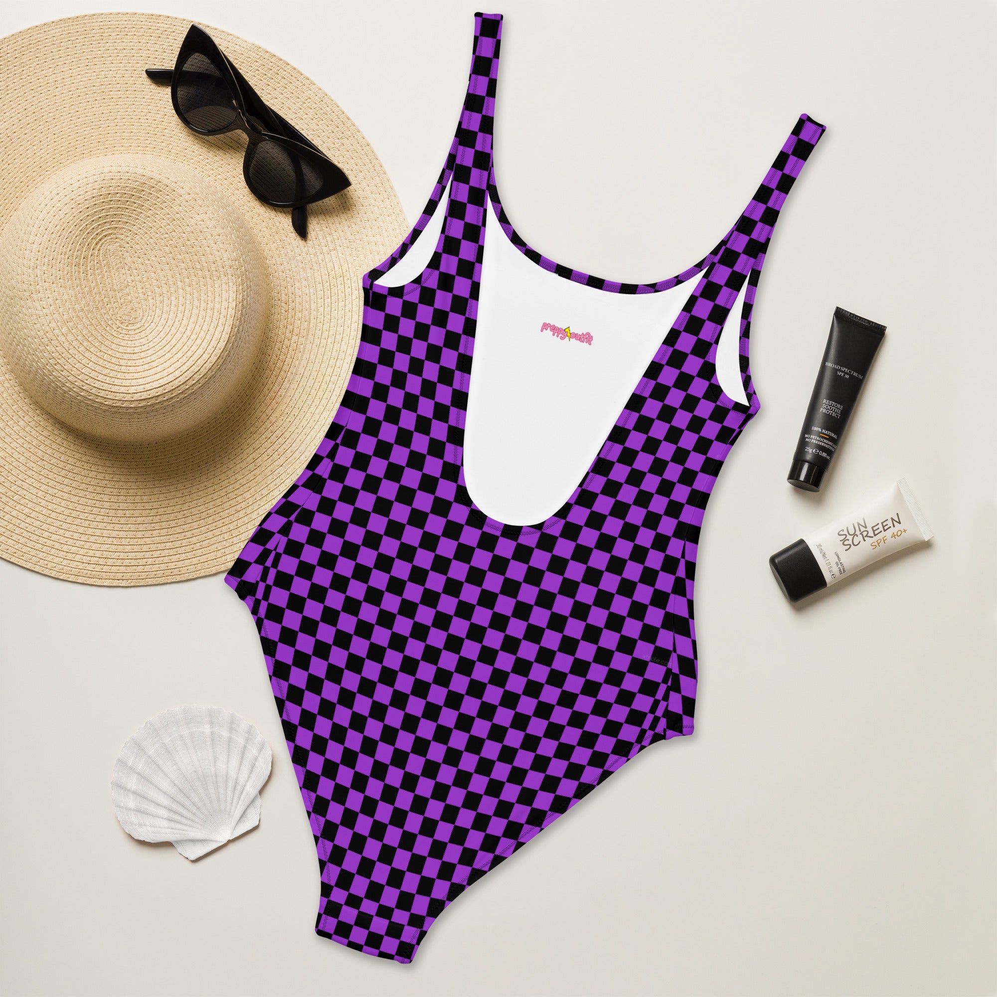 Preppy Purple Checkered One-Piece Swimsuit