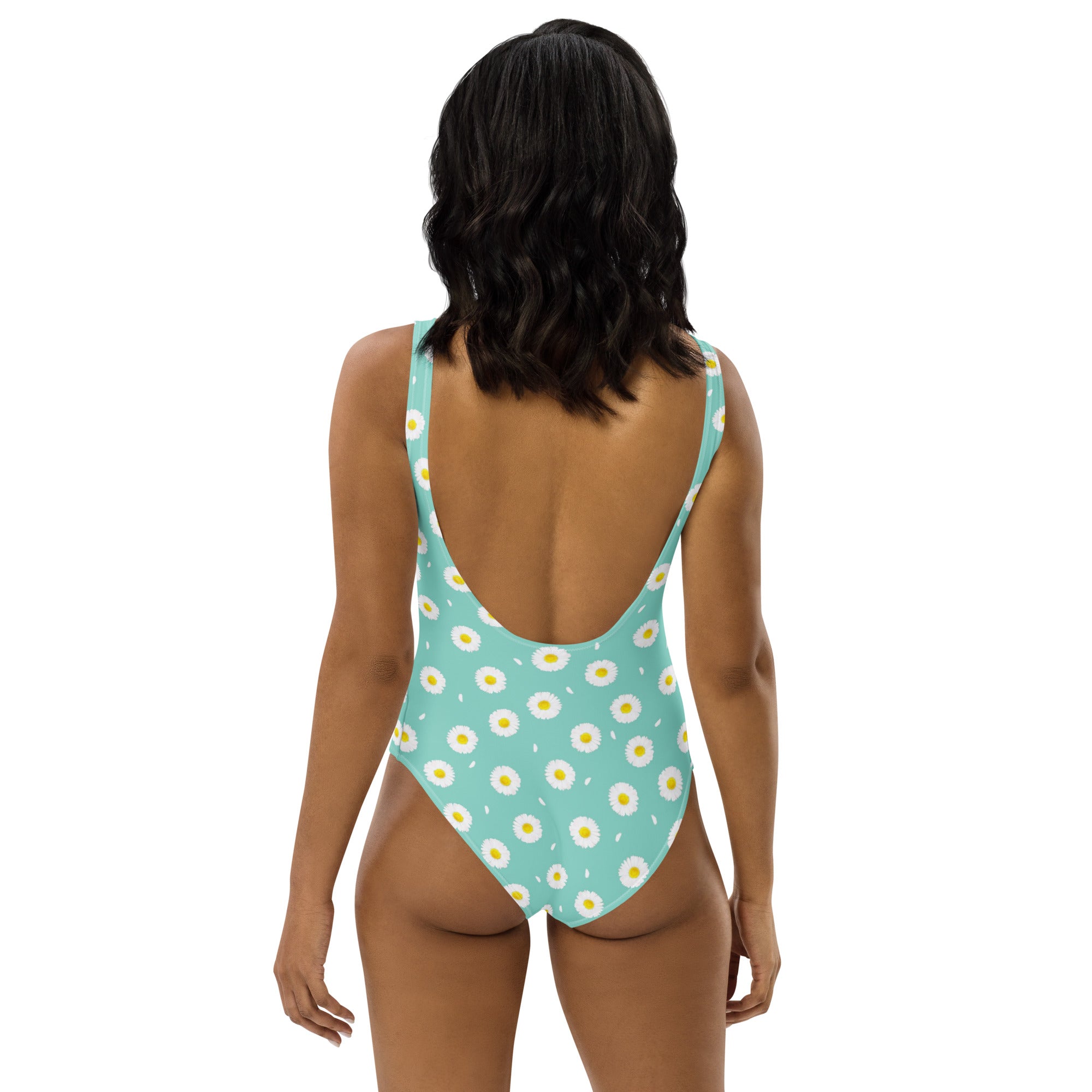 White Daisy Flower Pattern Pastel Blue One-Piece Swimsuit