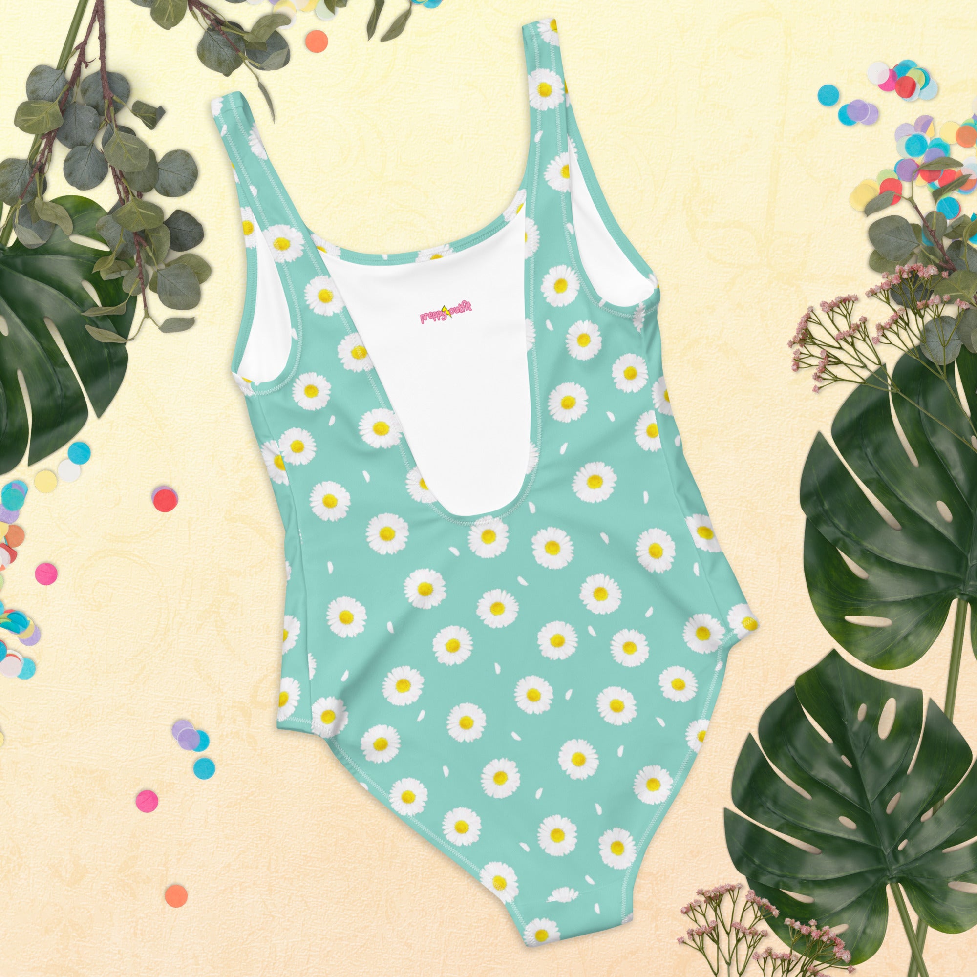 White Daisy Flower Pattern Pastel Blue One-Piece Swimsuit