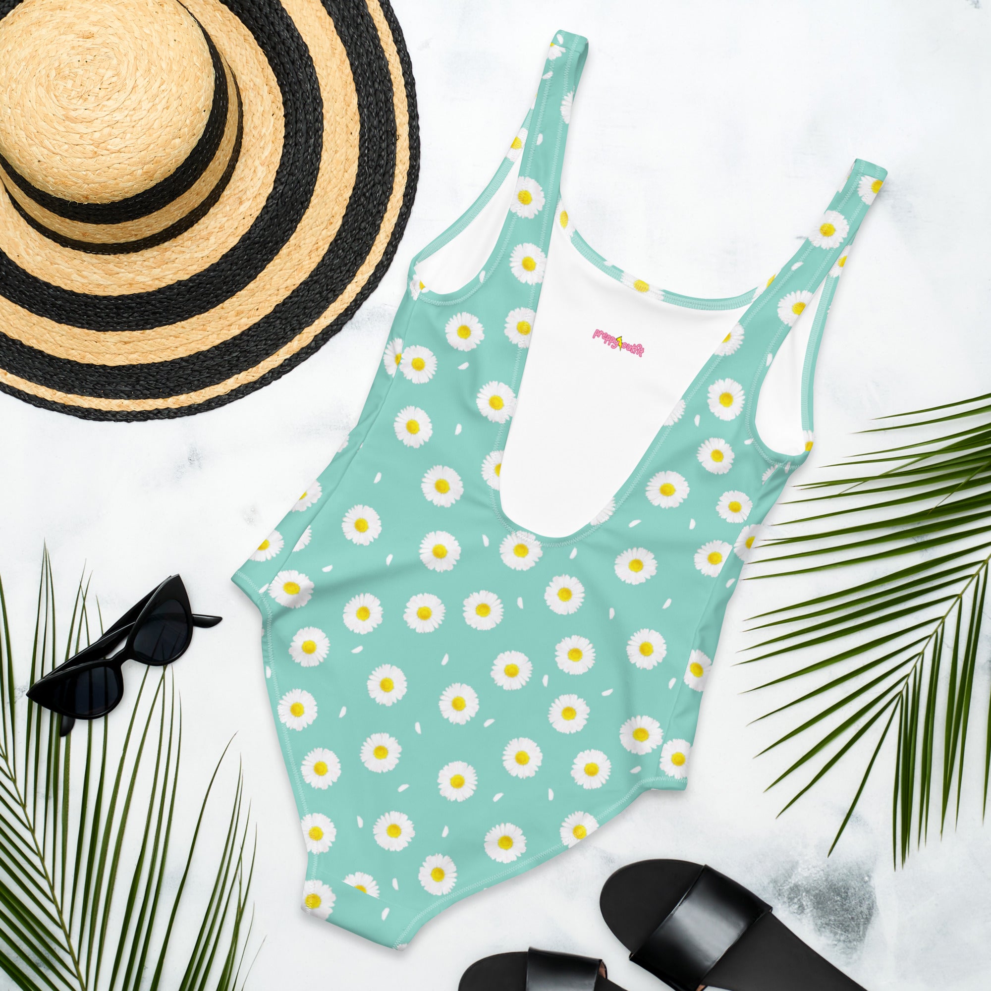White Daisy Flower Pattern Pastel Blue One-Piece Swimsuit