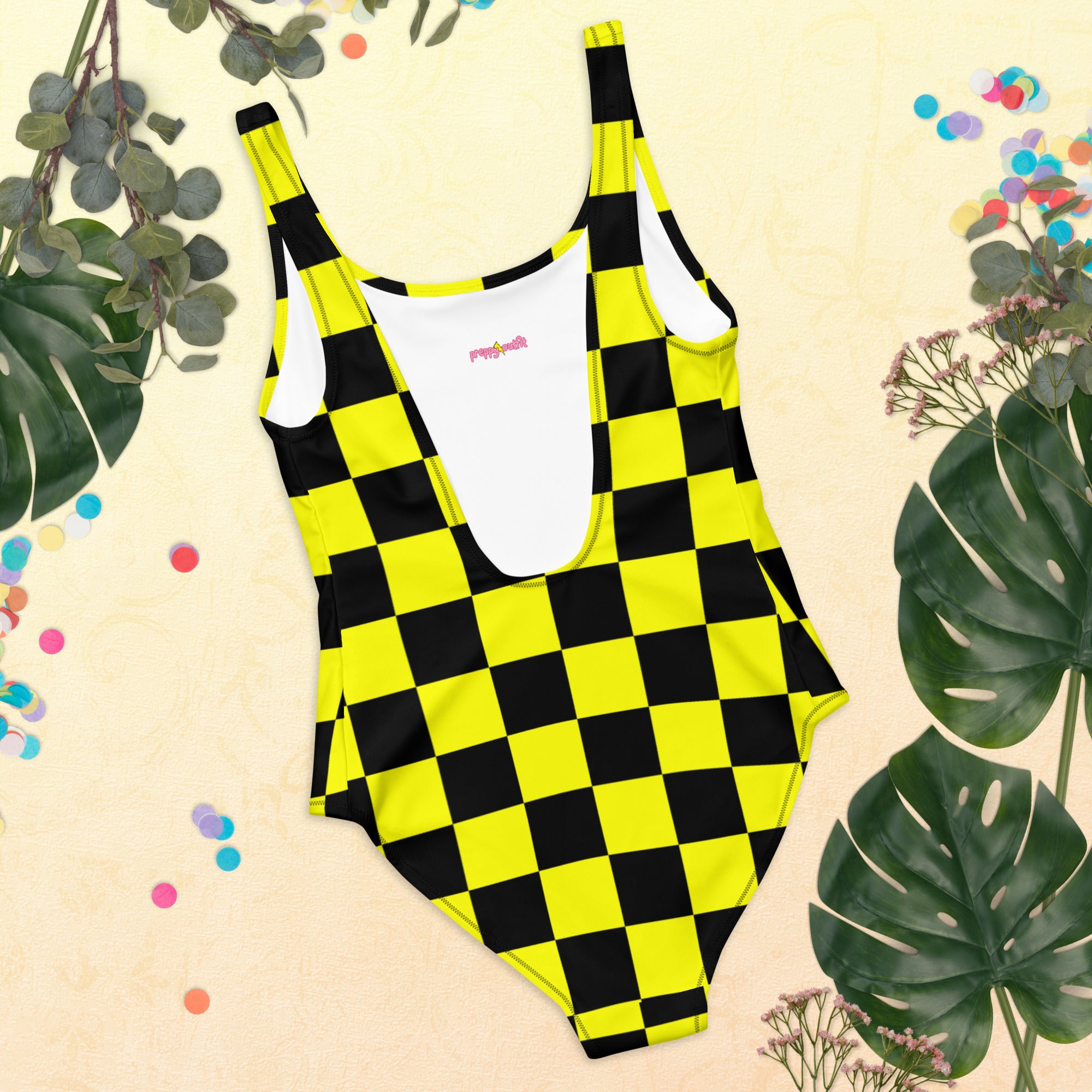 Preppy Yellow and Black Aesthetic Checkered One-Piece Swimsuit