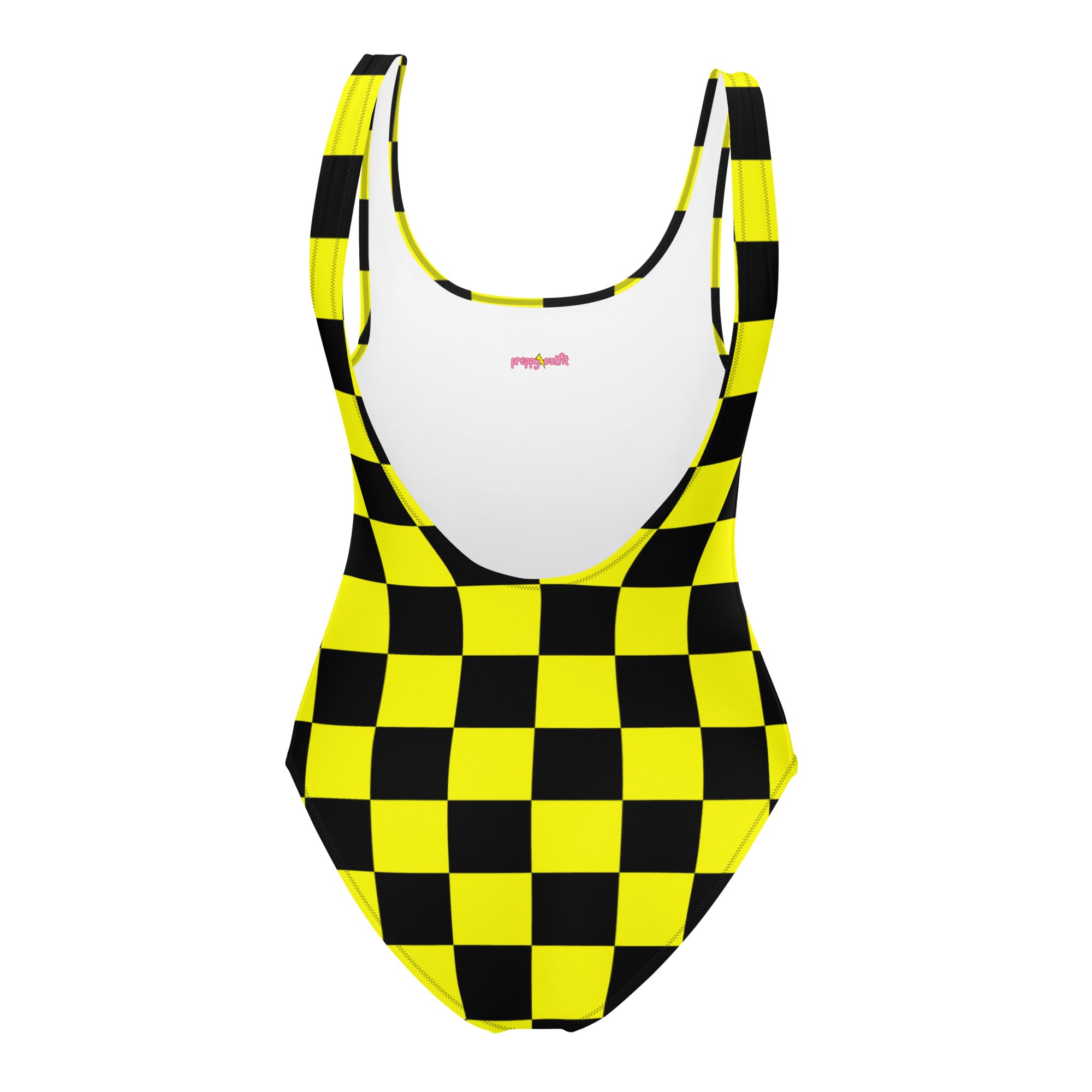Preppy Yellow and Black Aesthetic Checkered One-Piece Swimsuit