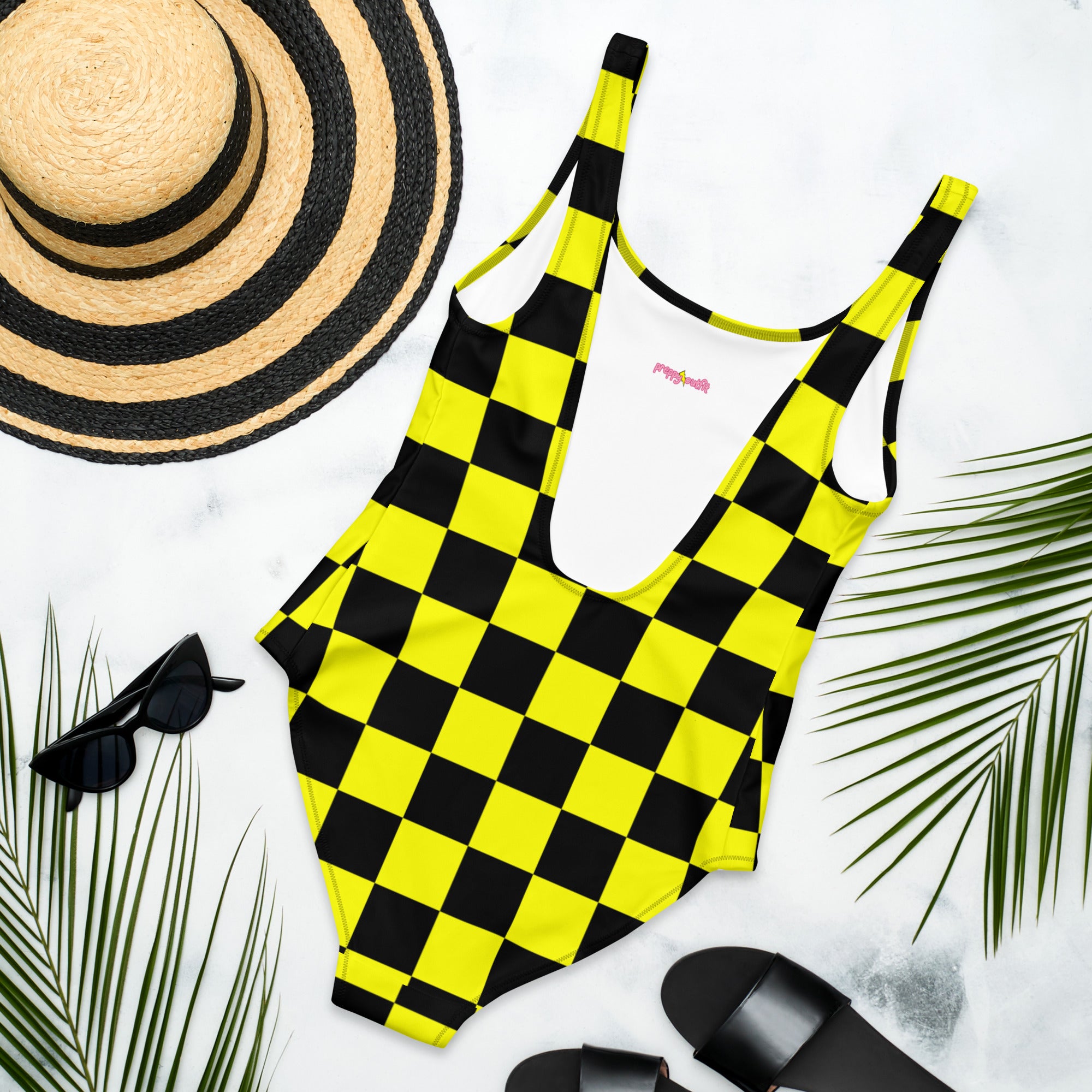 Preppy Yellow and Black Aesthetic Checkered One-Piece Swimsuit