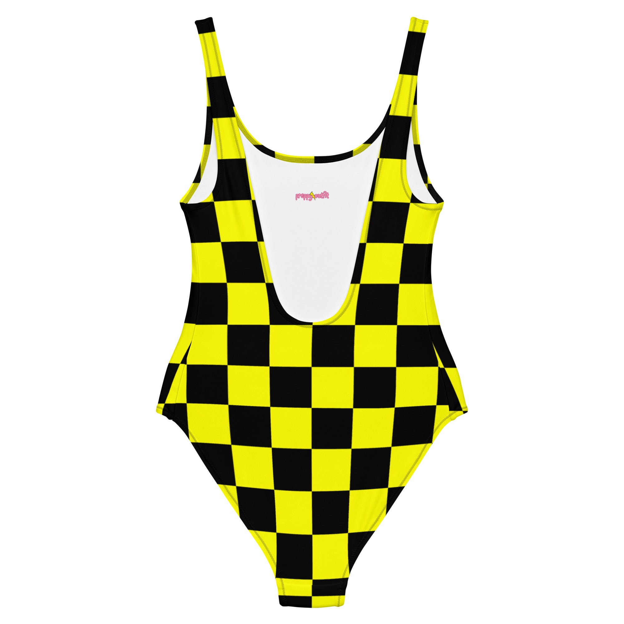 Preppy Yellow and Black Aesthetic Checkered One-Piece Swimsuit