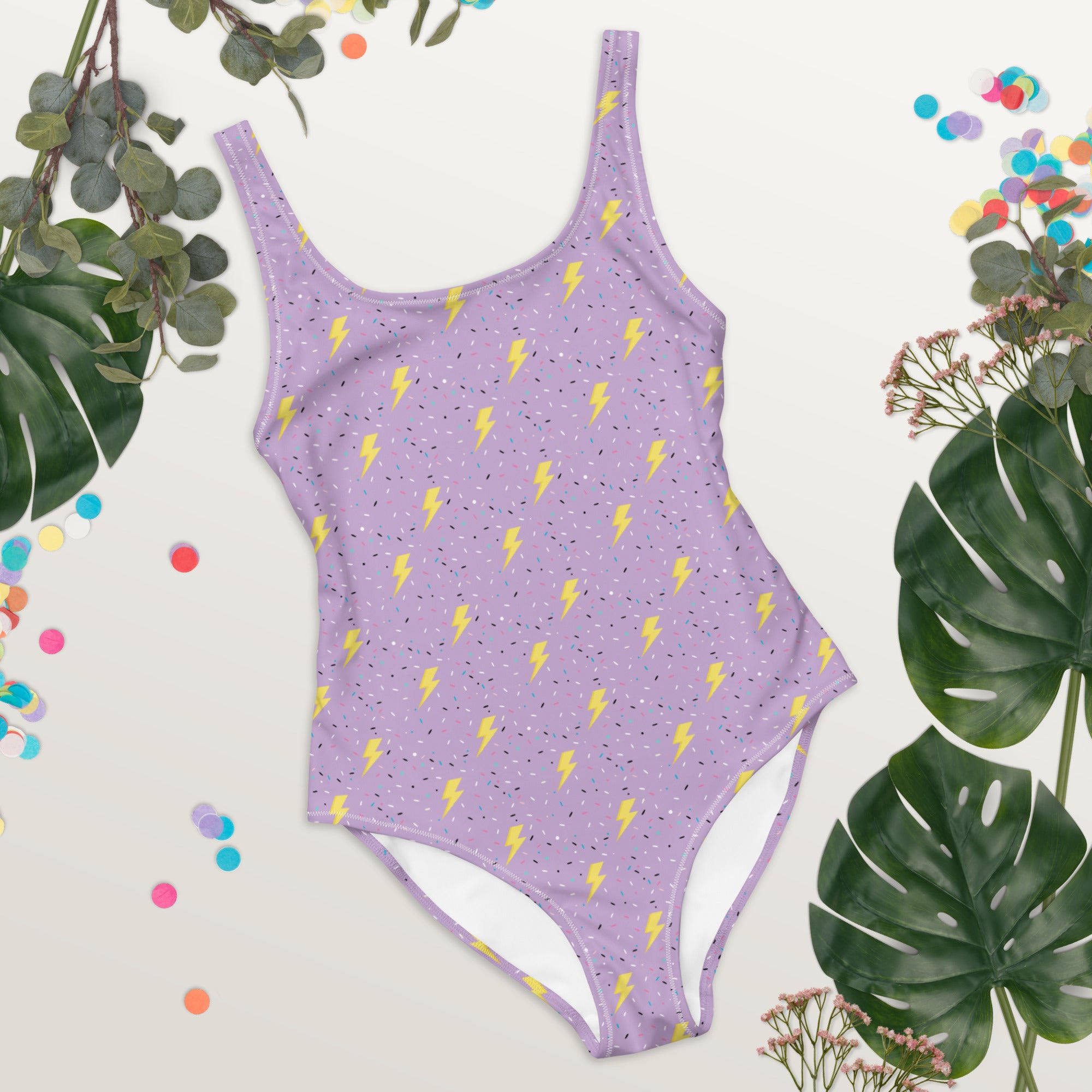 Preppy Lightning Bolts Purple One-Piece Swimsuit