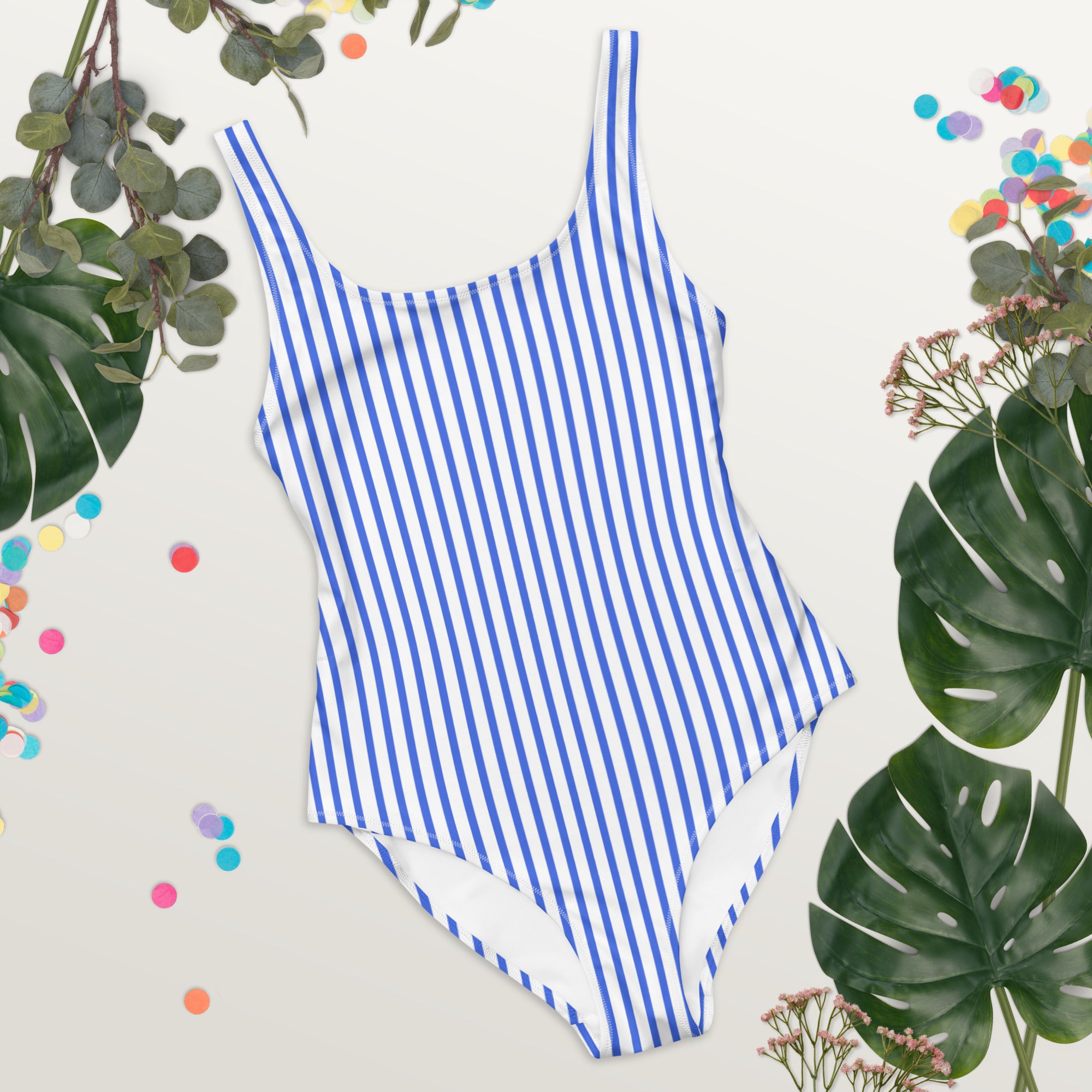 Preppy Nautical Striped Blue & White Horizontal Streaks Lines One-Piece Swimsuit