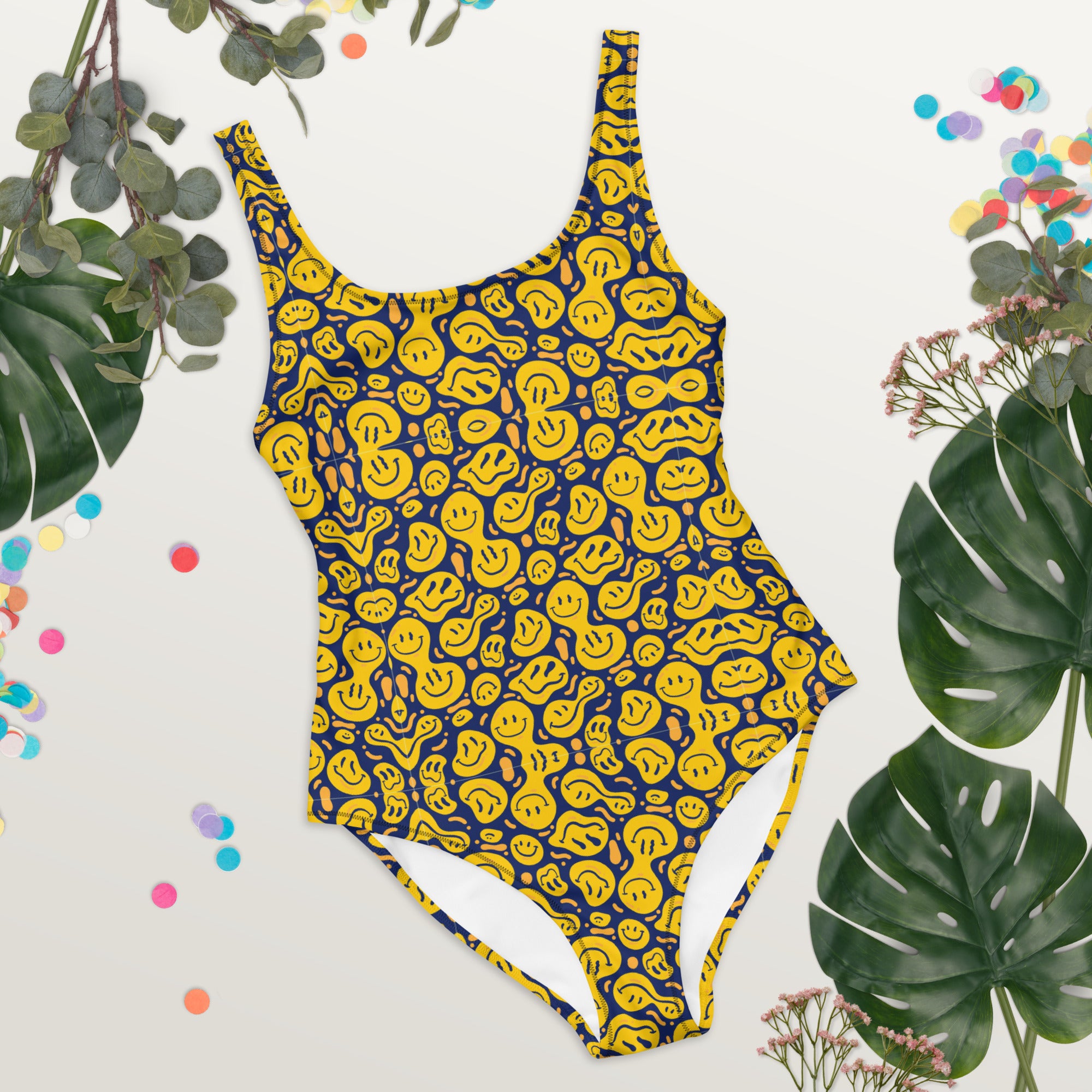 Original Preppy Yellow Drippy Smiley Face One-Piece Swimsuit