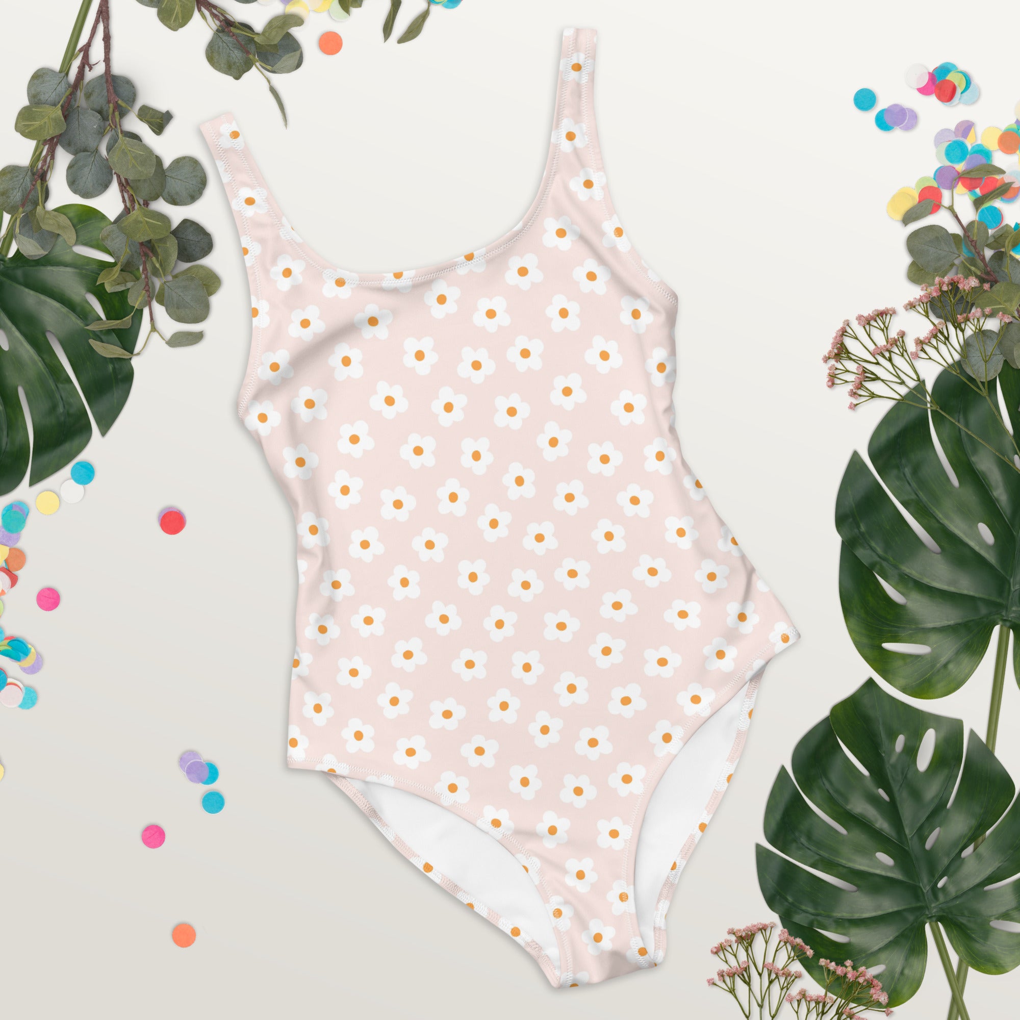 Preppy Pink Minimal Daisy Floral One-Piece Swimsuit