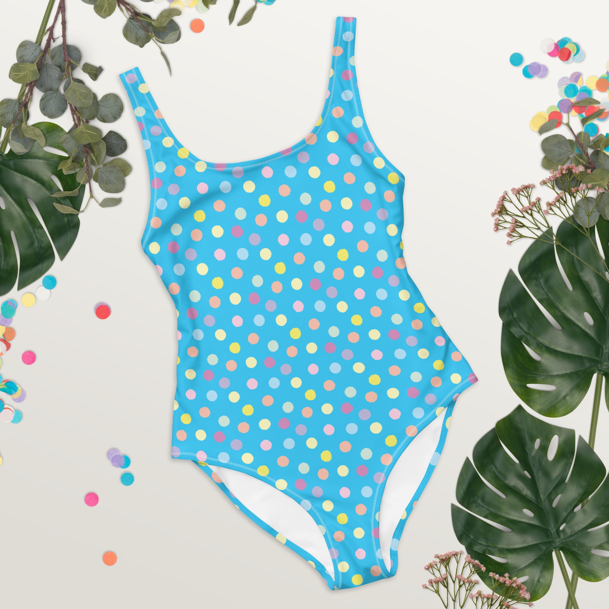 Cute Colorful Polka Dot Preppy Blue One-Piece Swimsuit
