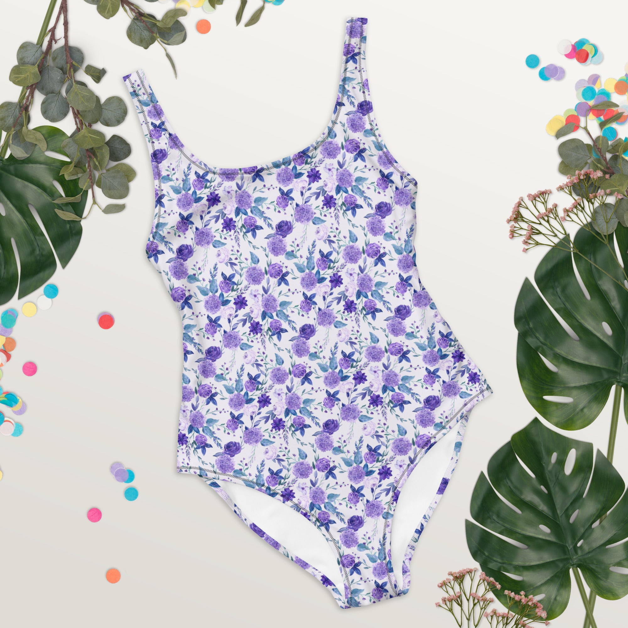 Preppy Purple Floral White One-Piece Swimsuit