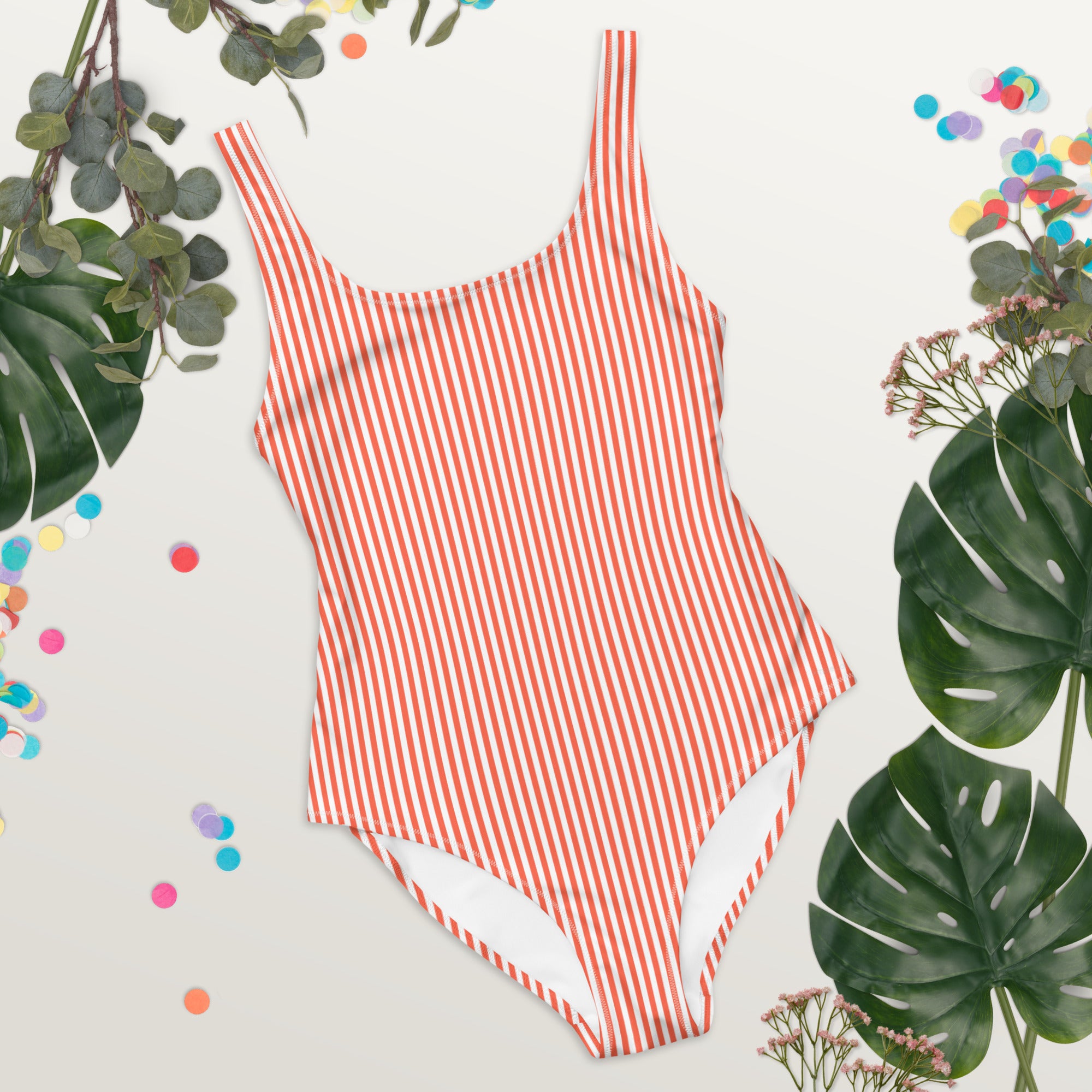 Preppy White and Orange Stripes One-Piece Swimsuit