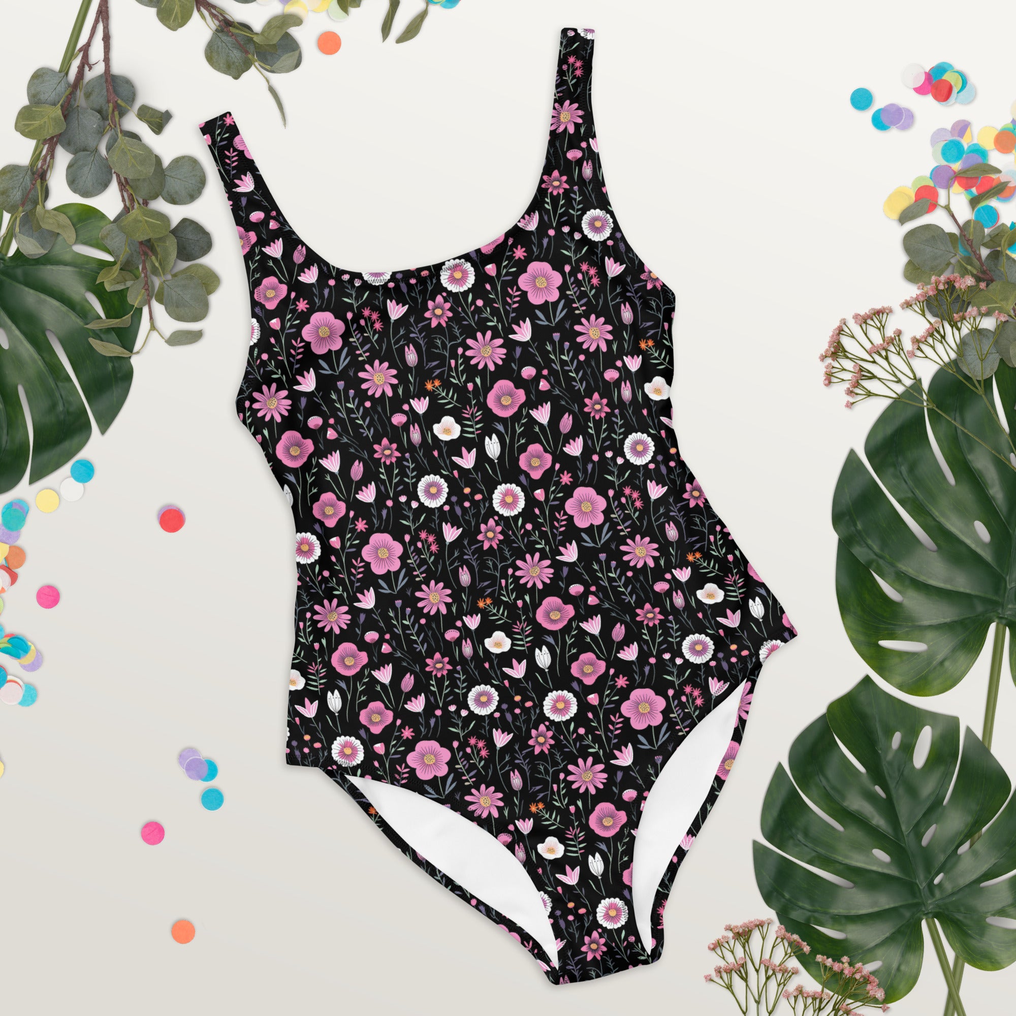 Black Floral One-Piece Swimsuit for Preppy Women