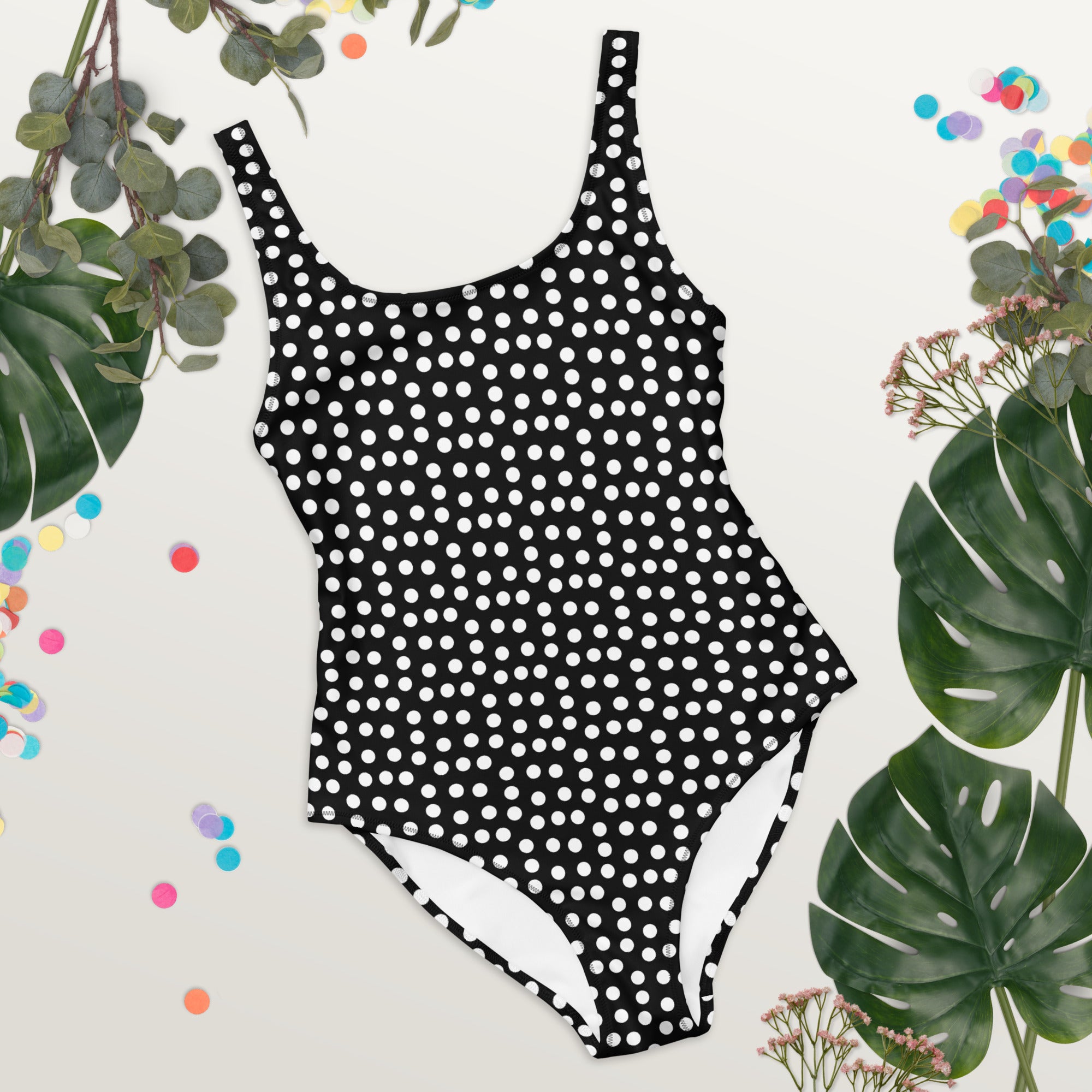 Vintage Preppy Style Black with White Polka Dot One-Piece Swimsuit