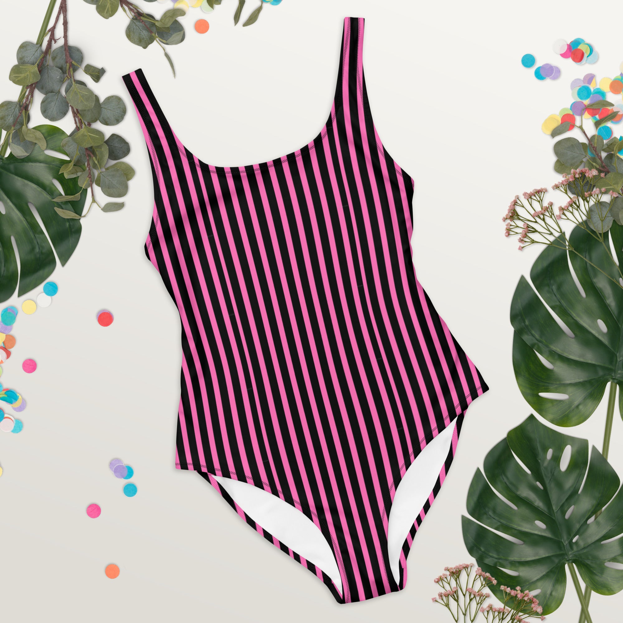 Preppy Pink & Black Vertical Striped Fashionable One-Piece Swimsuit