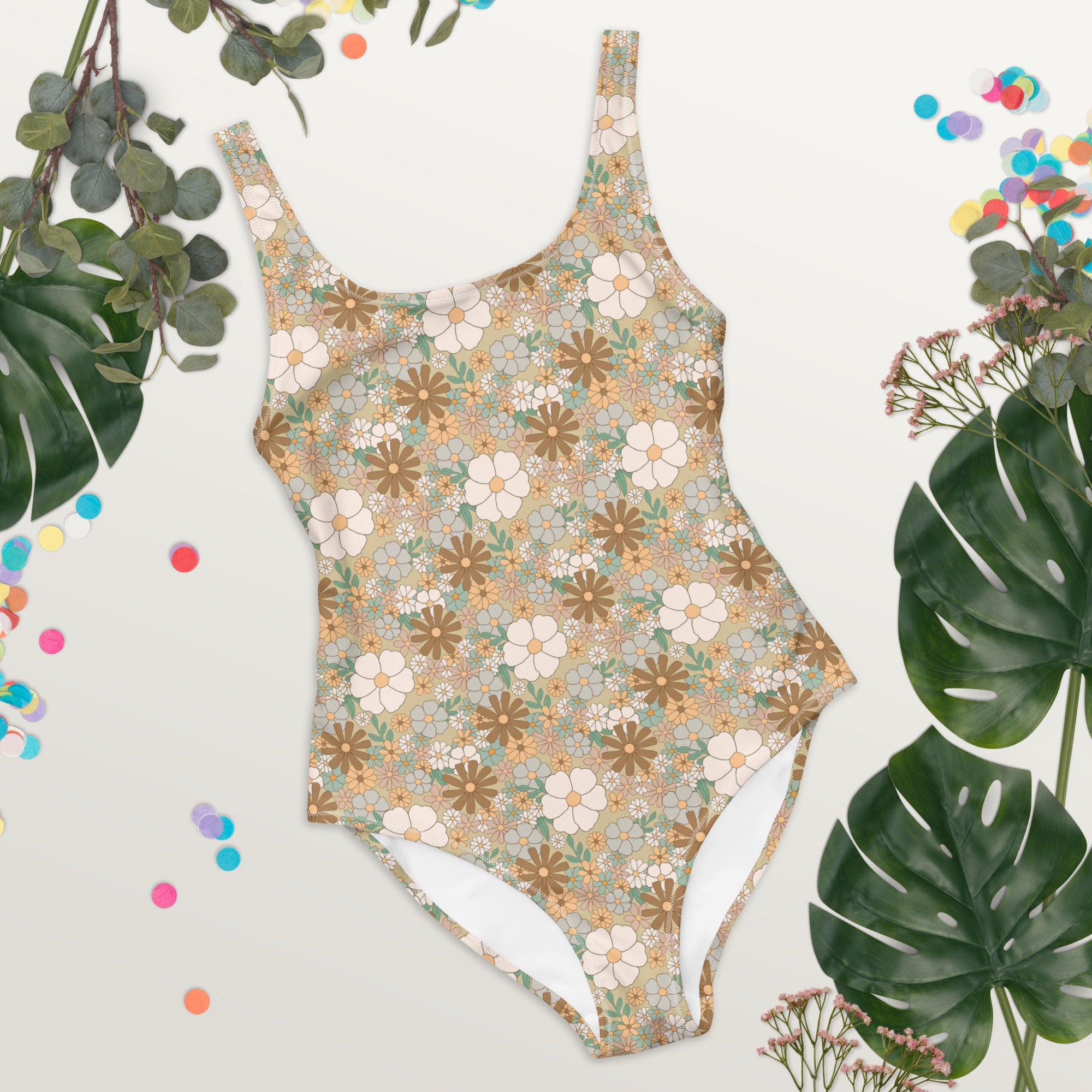 Aesthetic Groovy Brown Fall Floral One-Piece Swimsuit