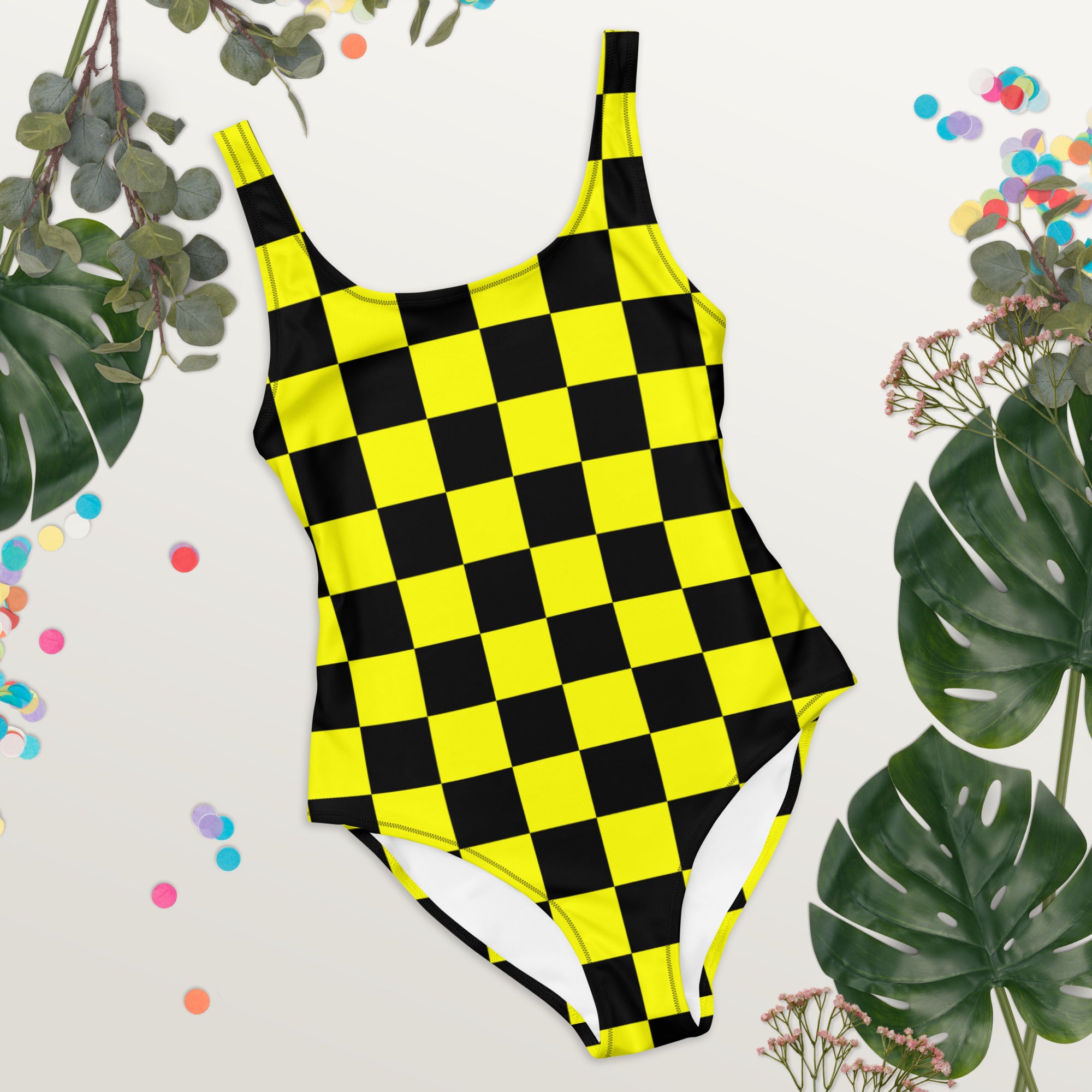 Preppy Yellow and Black Aesthetic Checkered One-Piece Swimsuit